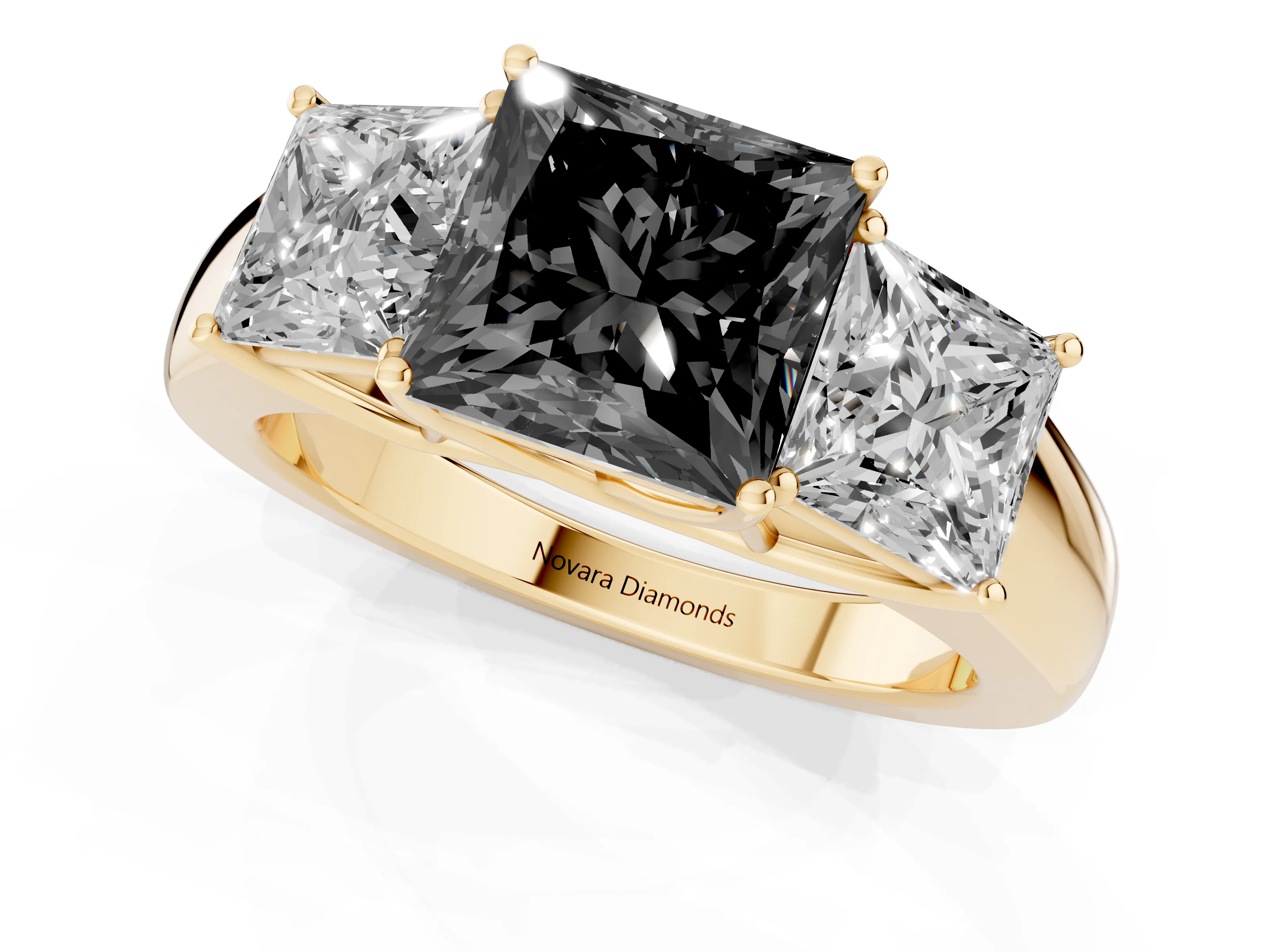 Fancy Black Three-Stone Princess Cut Diamond Ring Set in Yellow gold with Matching Prong Settings and Plain Band