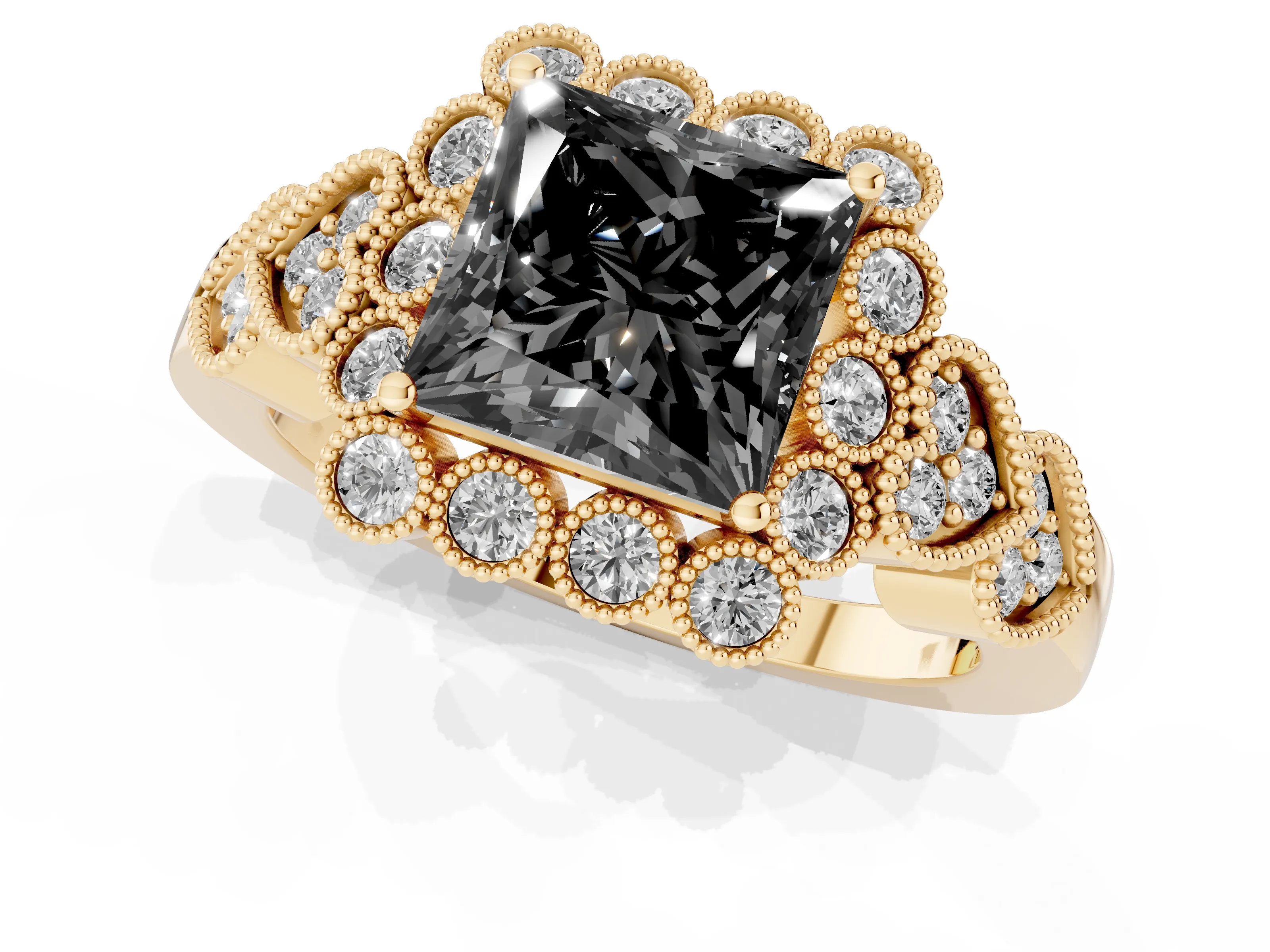 Fancy Black Princess Cut Diamond Solitaire Ring Set in Yellow gold with Milgrain Pavé Heart Band