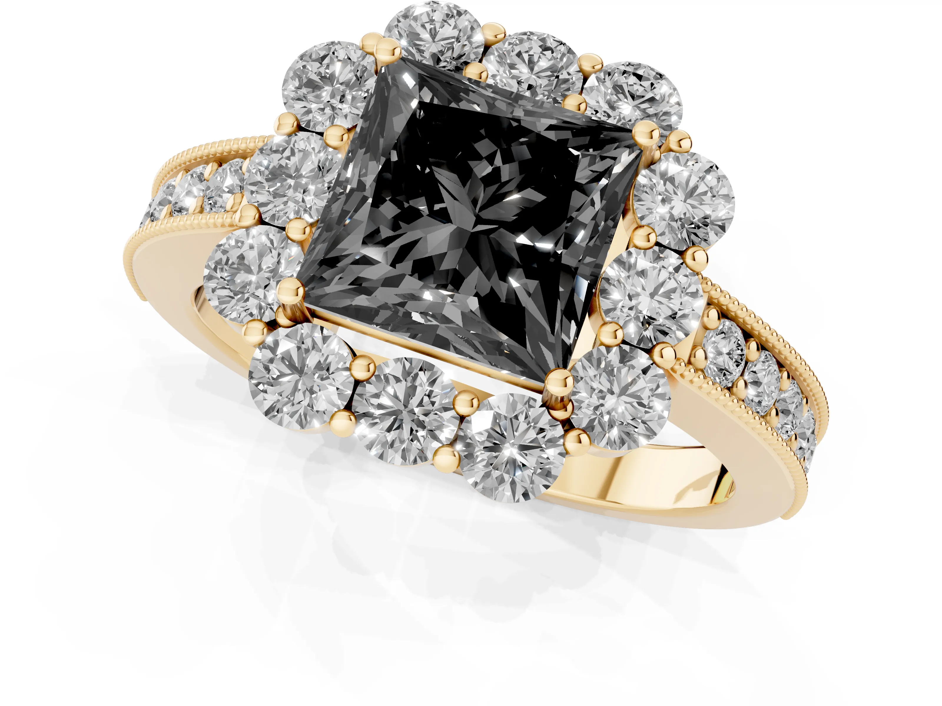 Fancy Black Princess Cut Diamond Halo Pavé Engagement Ring Set in Yellow gold with Milgrain Detailing