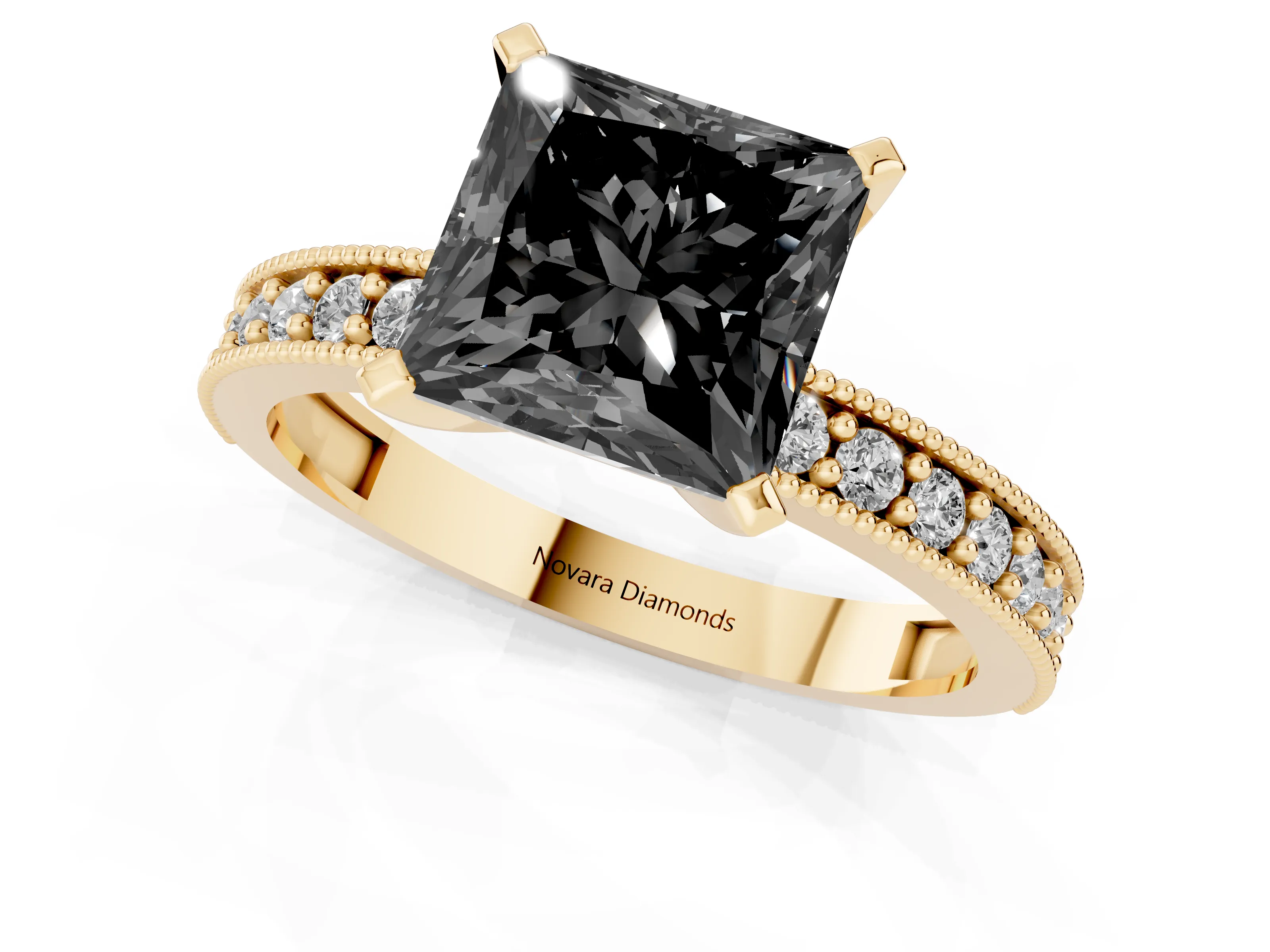 Fancy Black Princess Cut Diamond Milgrain Pavé Engagement Ring Set in Yellow gold with Prong Setting