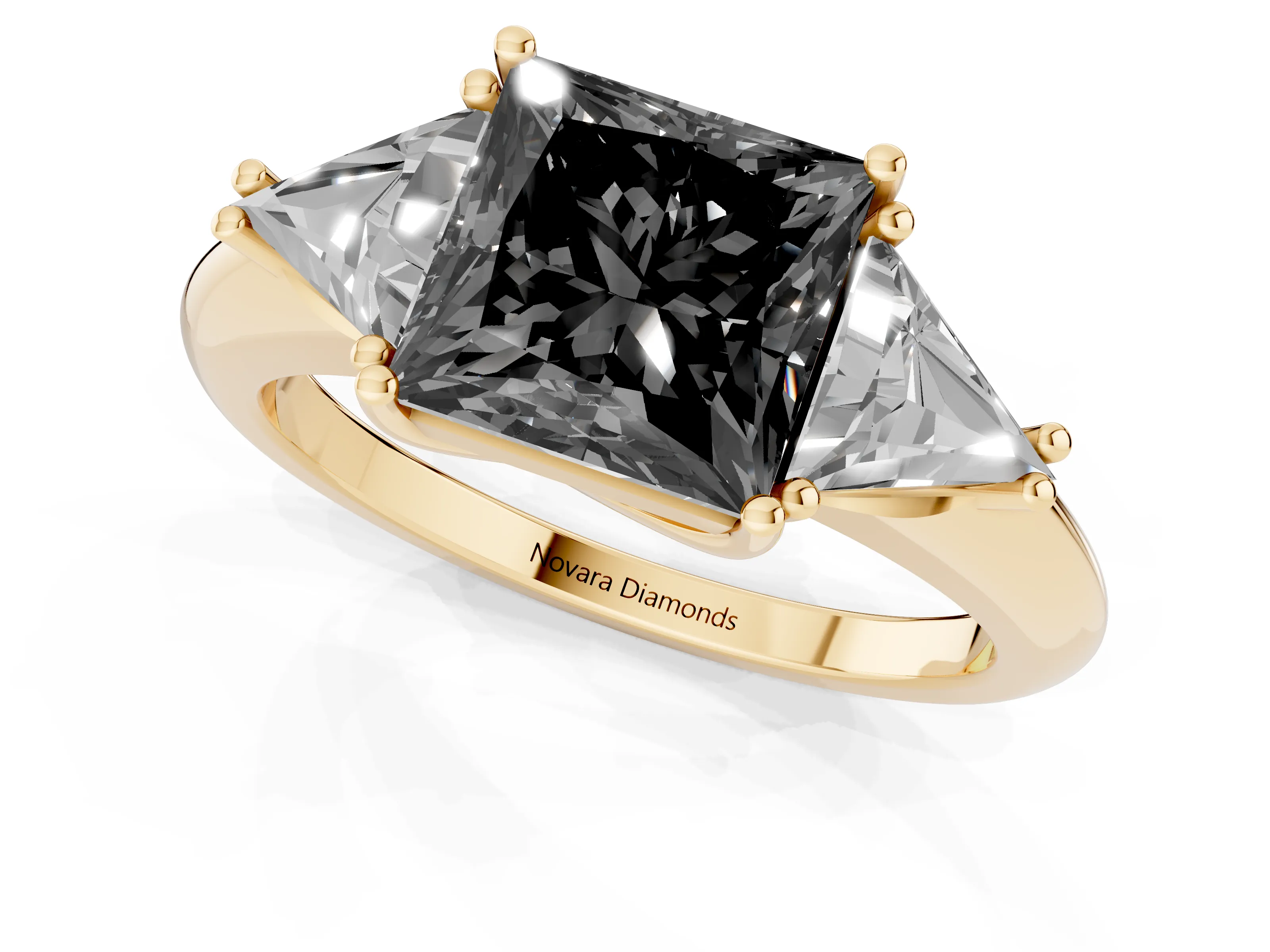 Fancy Black Princess Cut Diamond Three-Stone Engagement Ring Set in Yellow gold with Trillion Side Stones
