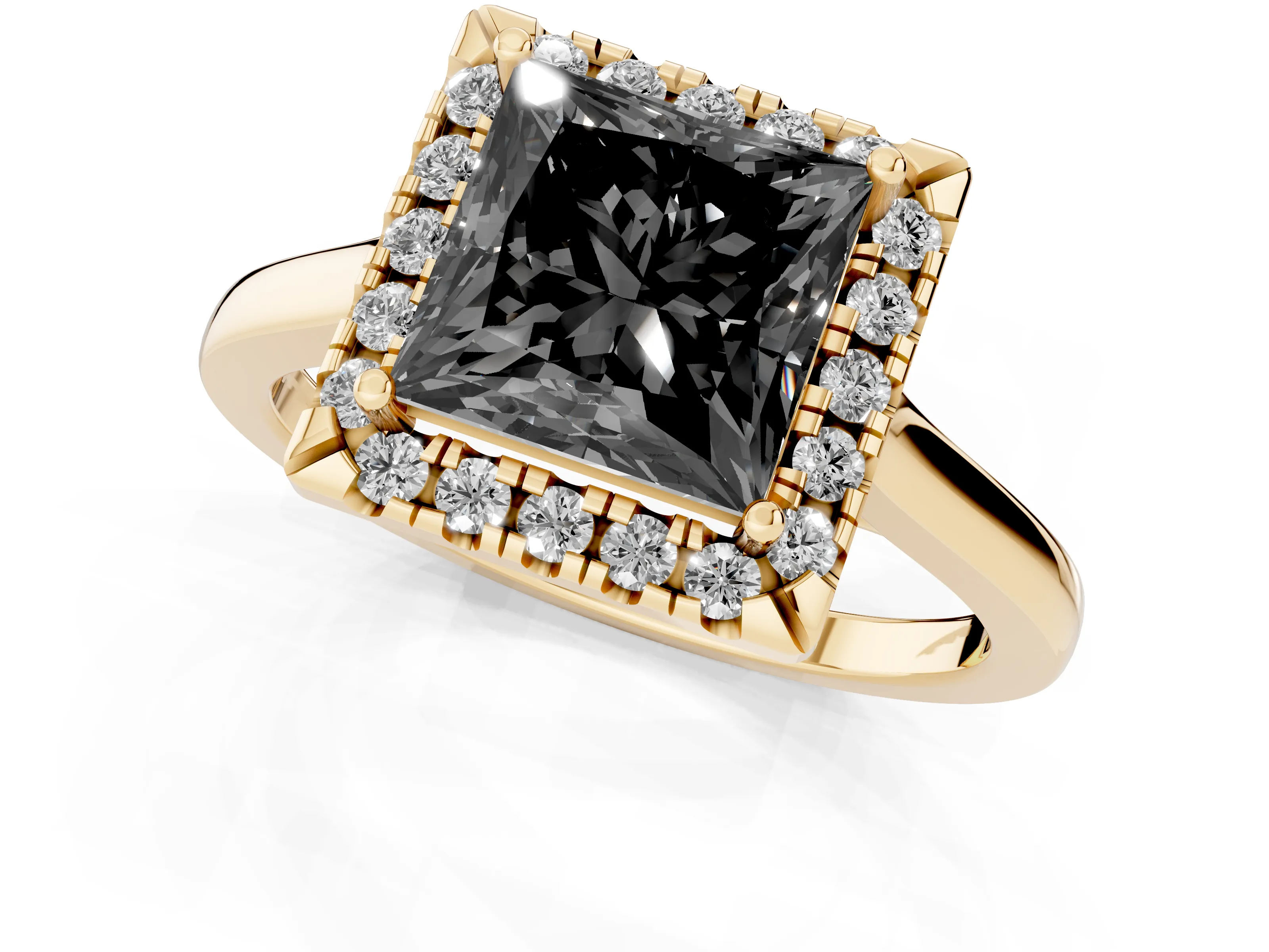 Fancy Black Princess Cut Halo Round Diamond Solitaire Ring Set in Yellow gold with Pavé Band and Prong Setting