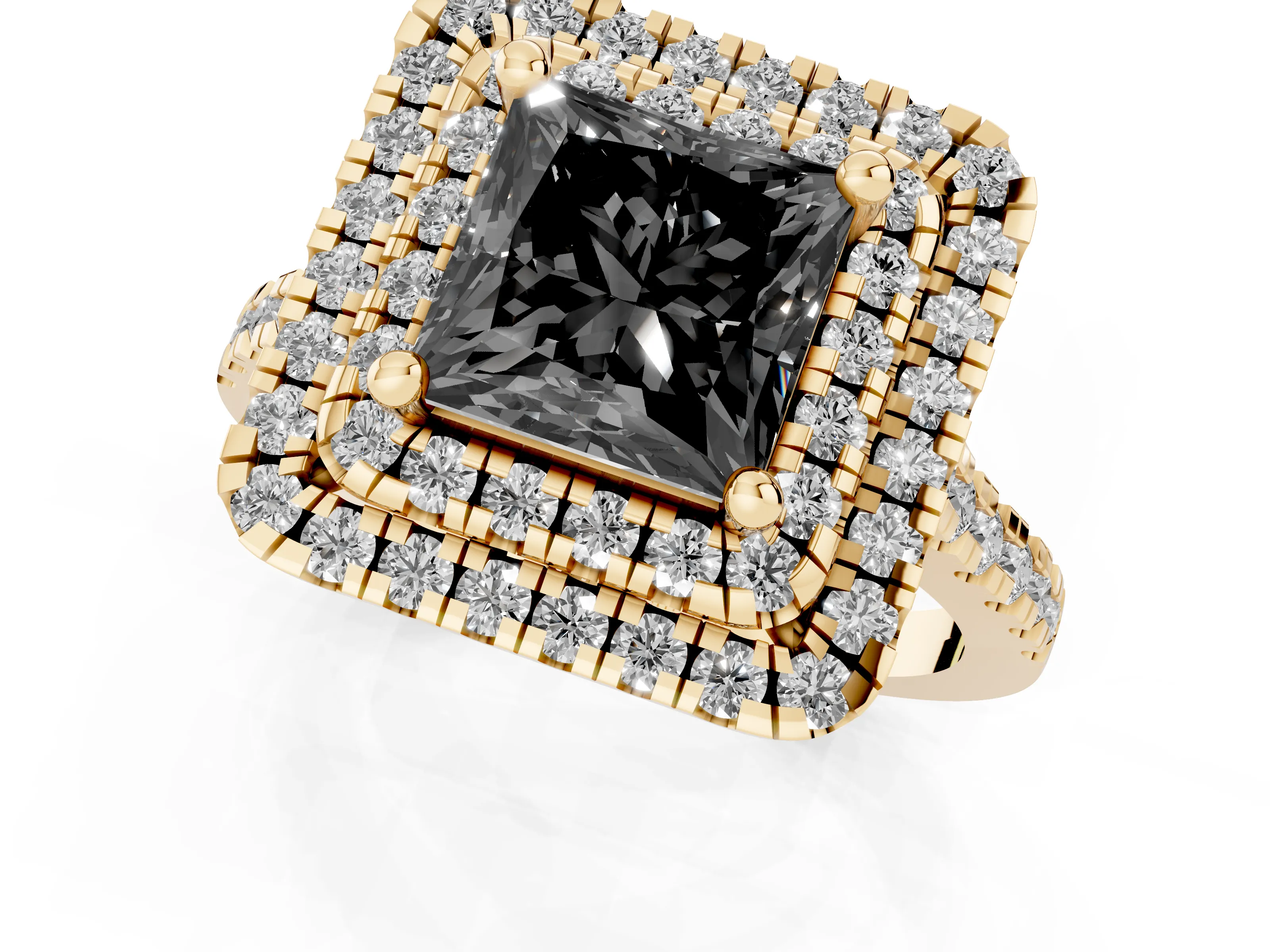 Fancy Black Princess Cut Diamond Double Halo Statement Ring Set in Yellow gold with Pavé Band