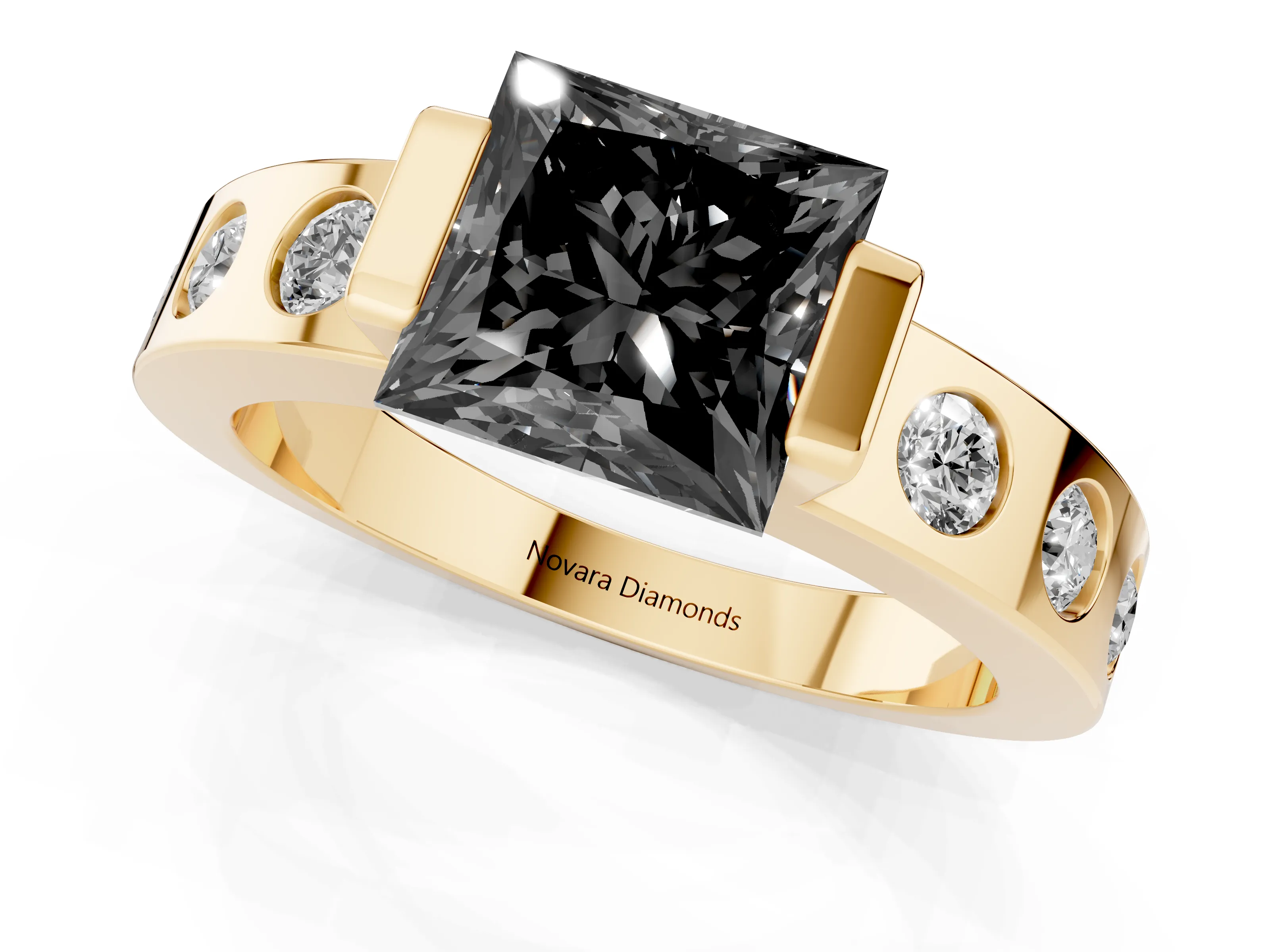Fancy Black Princess Cut Diamond Channel-Set Band Ring Set in Yellow gold with Bezel Prong Setting