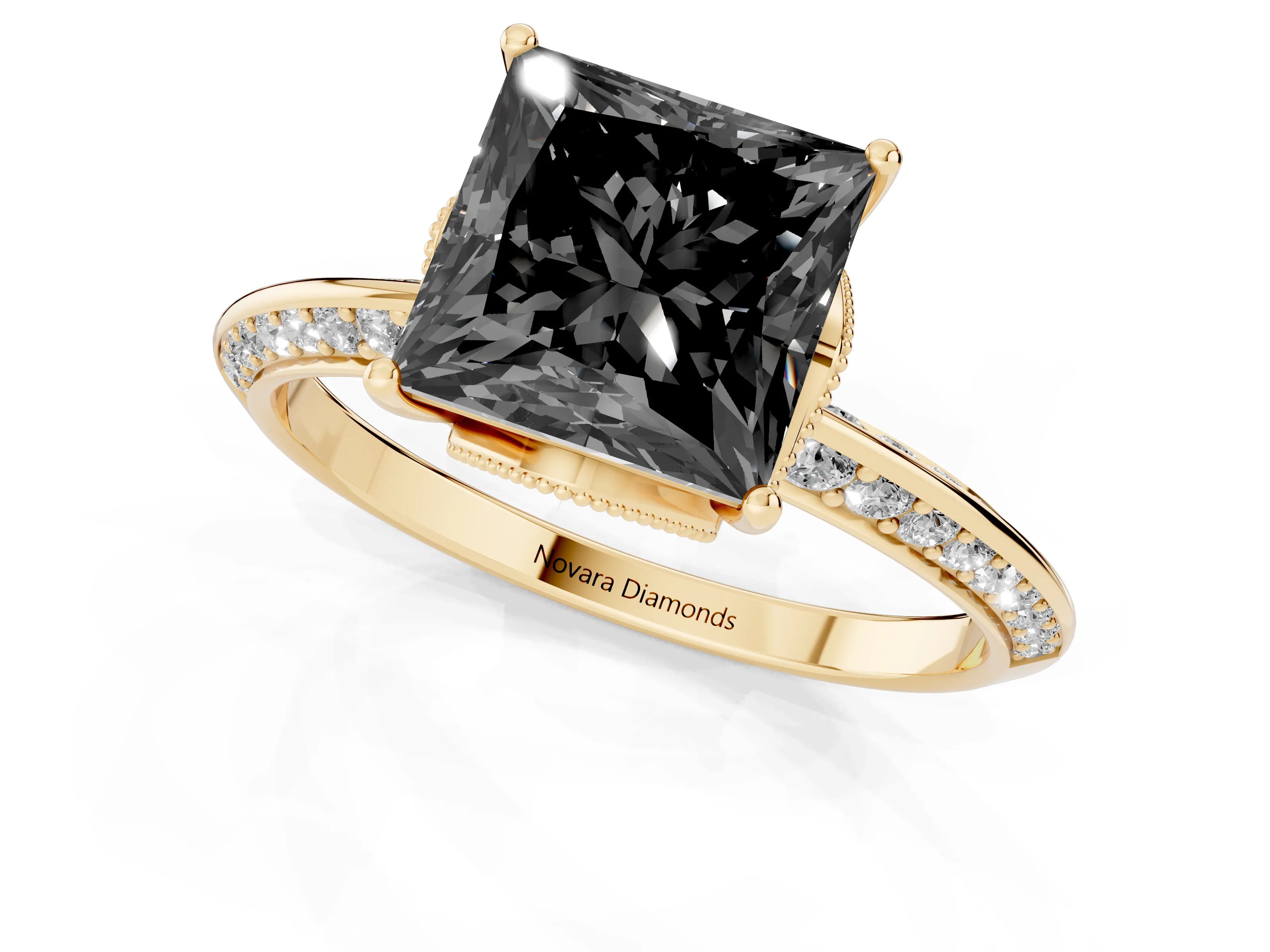 Fancy Black Princess Cut Diamond Solitaire Engagement Ring Set in Yellow gold with Pavé Split Shank and Prong Setting