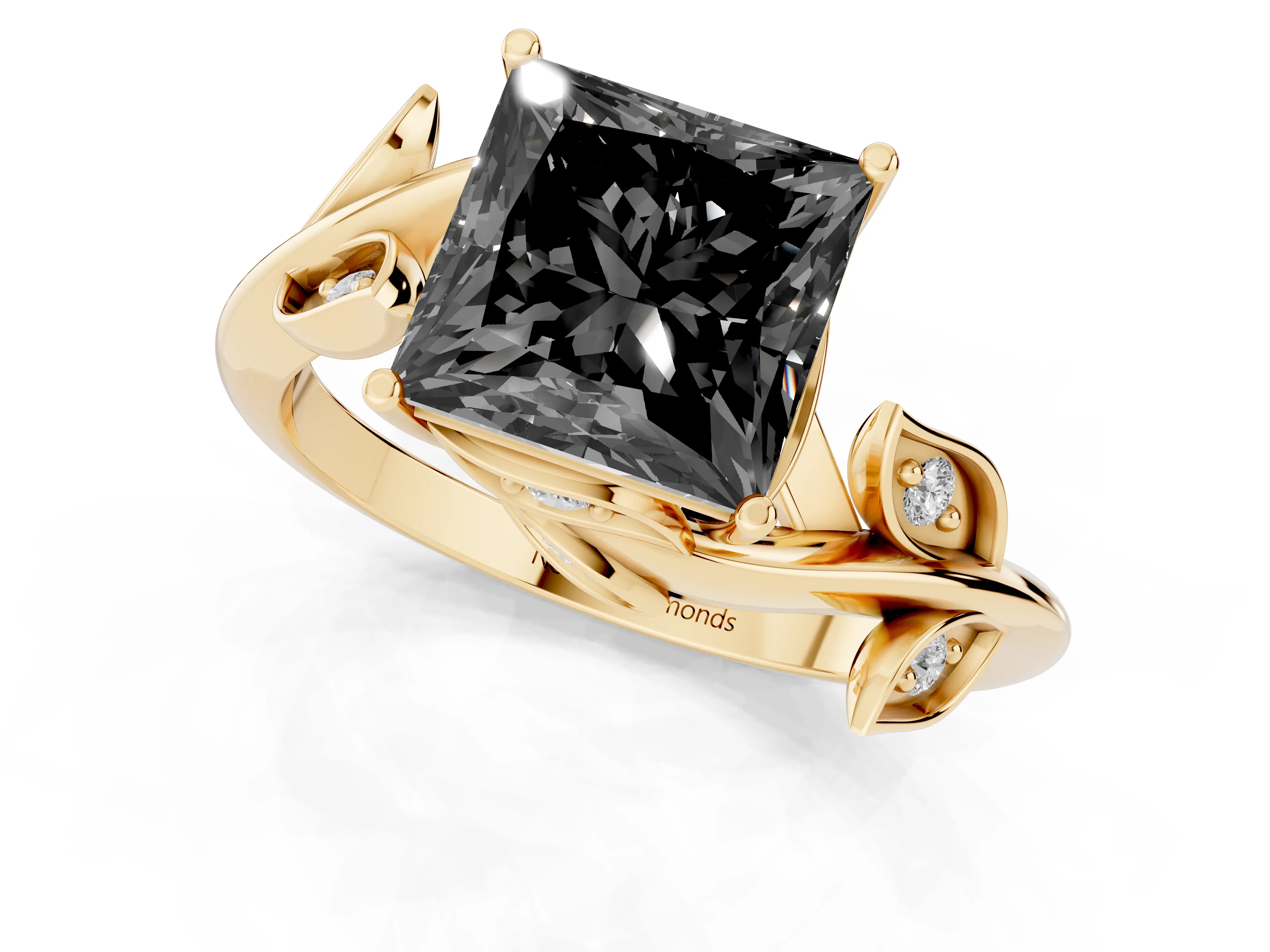 Fancy Black Princess Cut Diamond Solitaire Twist Engagement Ring Set in Yellow gold with Pavé Leaf Accents