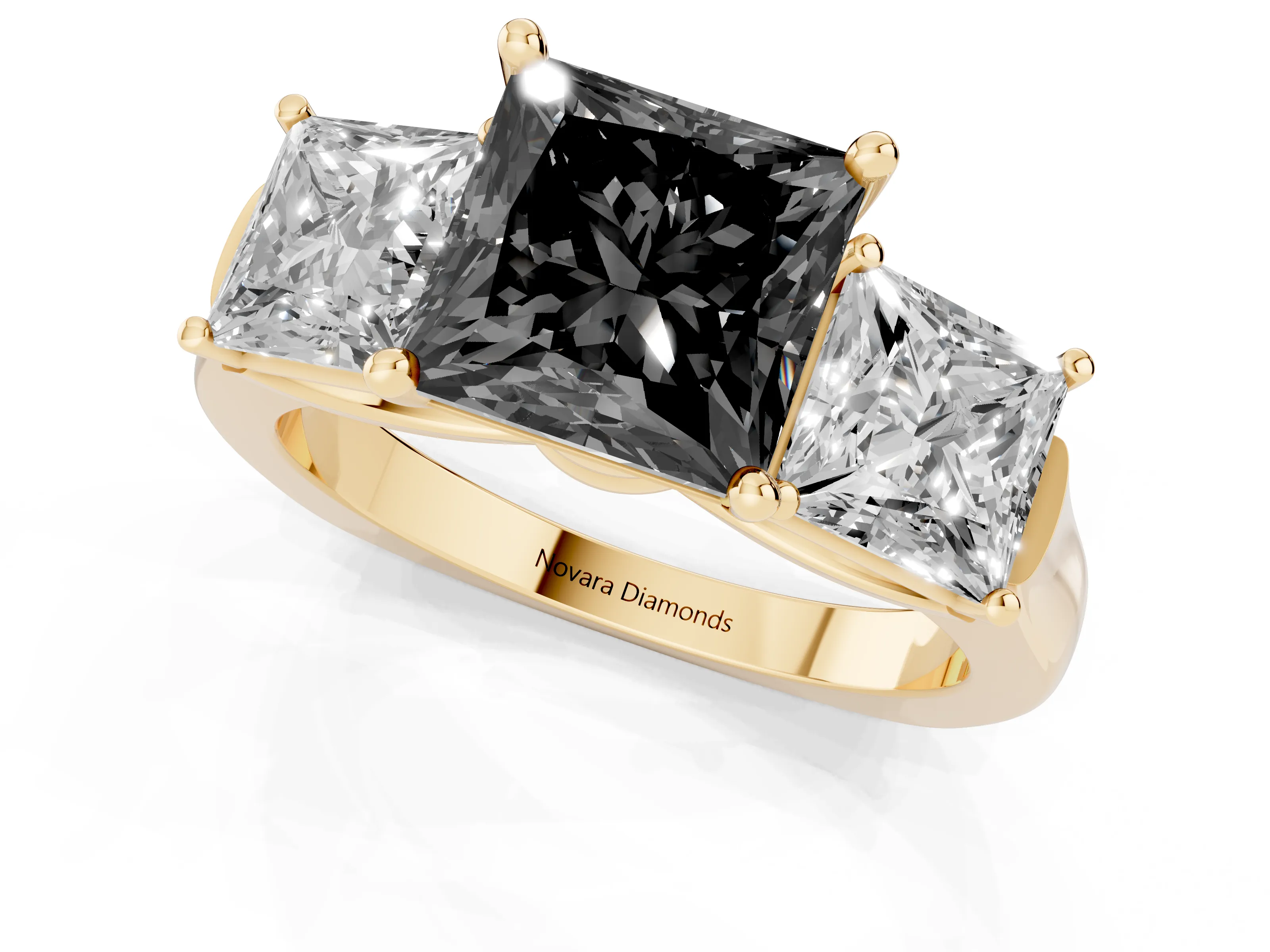 Fancy Black Princess Cut Diamond Three-Stone Trellis Ring Set in Yellow gold with Comfort Fit Band