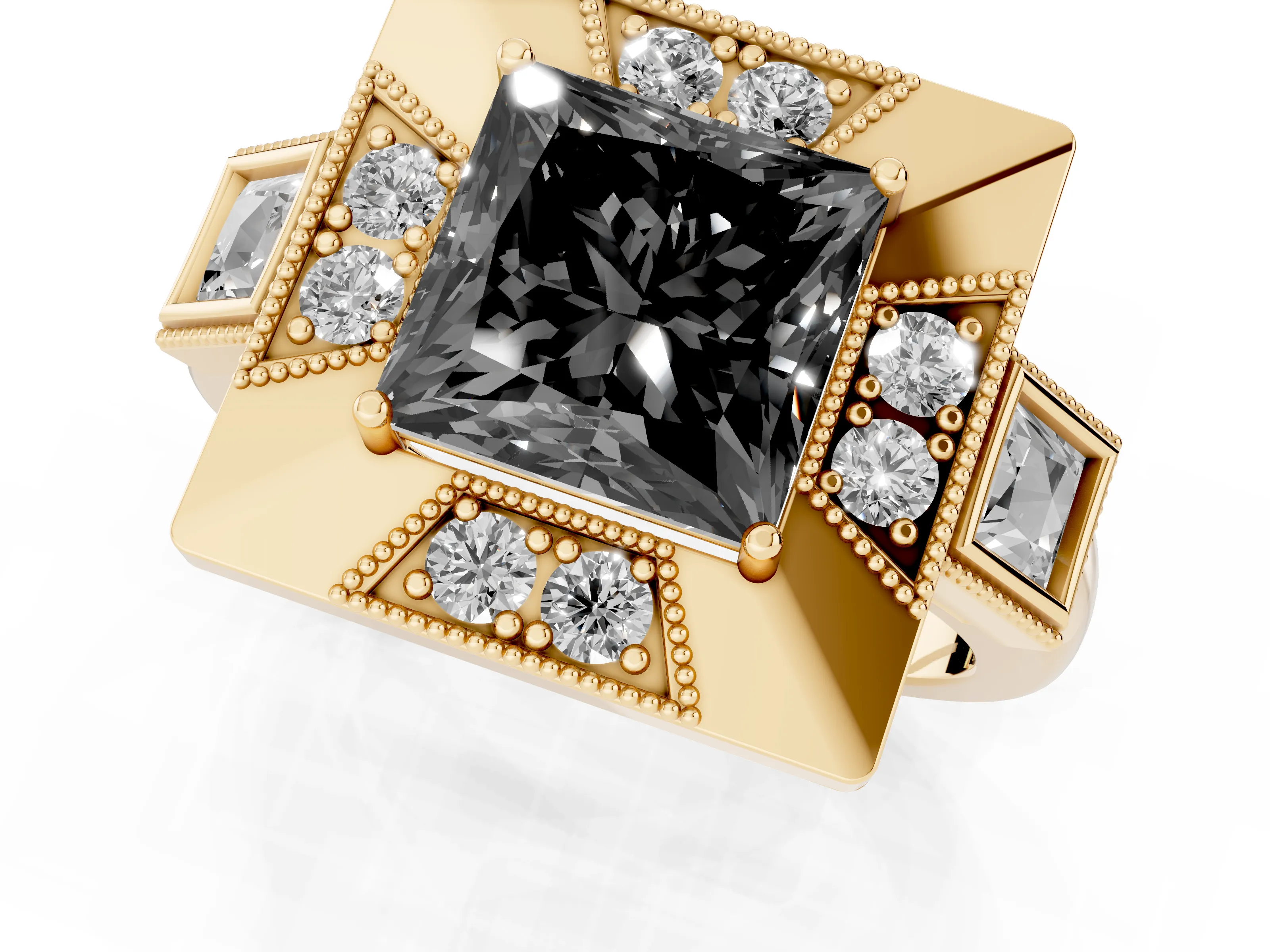 Fancy Black Princess Cut Diamond Milgrain Halo Ring Set in Yellow gold with Split Shank