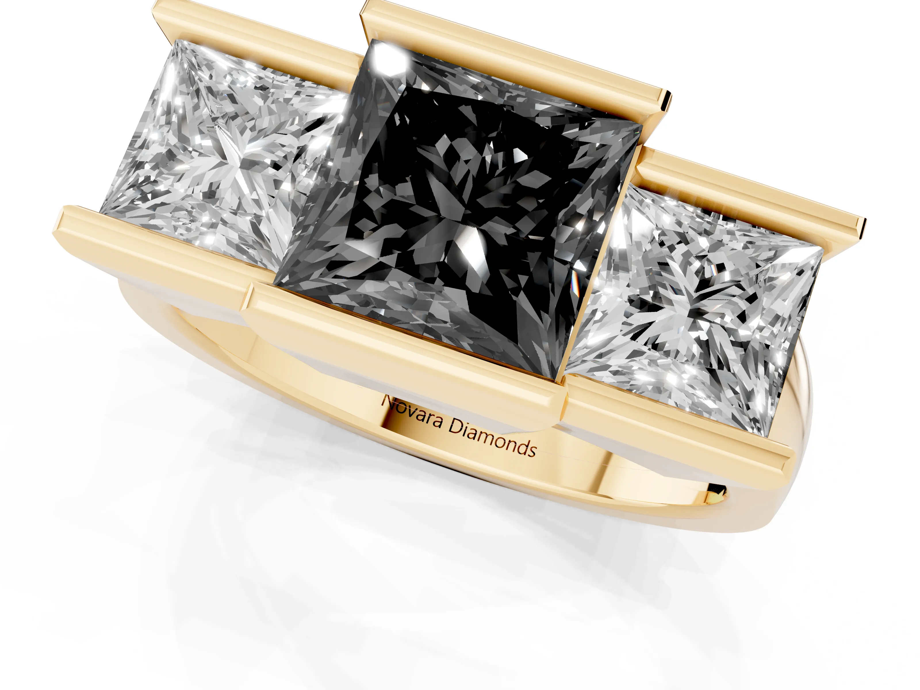 Fancy Black Princess Cut Diamond Three-Stone Channel Set Ring Set in Yellow gold with Smooth Polished Band