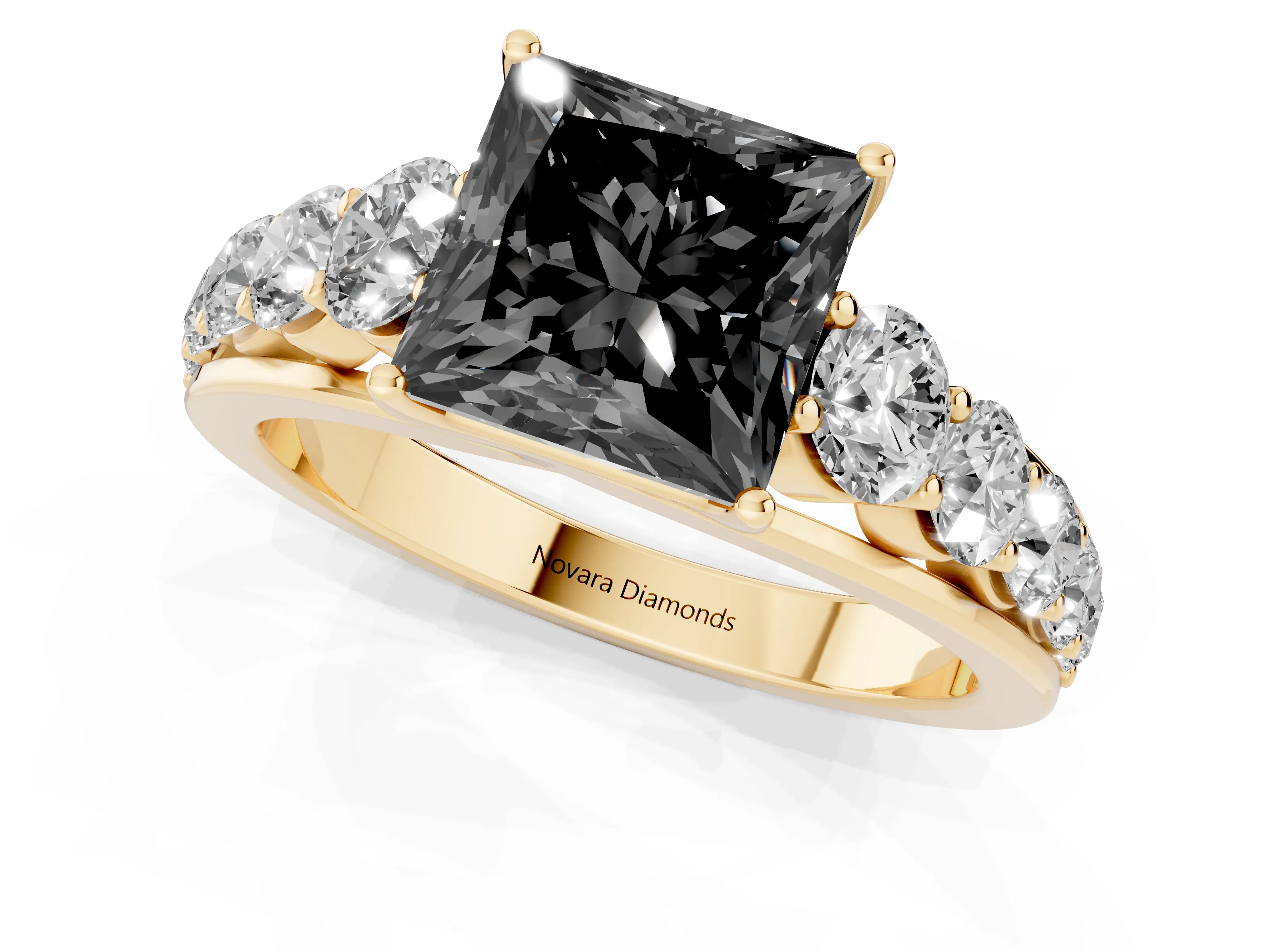 Fancy Black Princess Cut Diamond Solitaire Ring Set in Yellow gold with Pavé-Set Band and Prong Setting