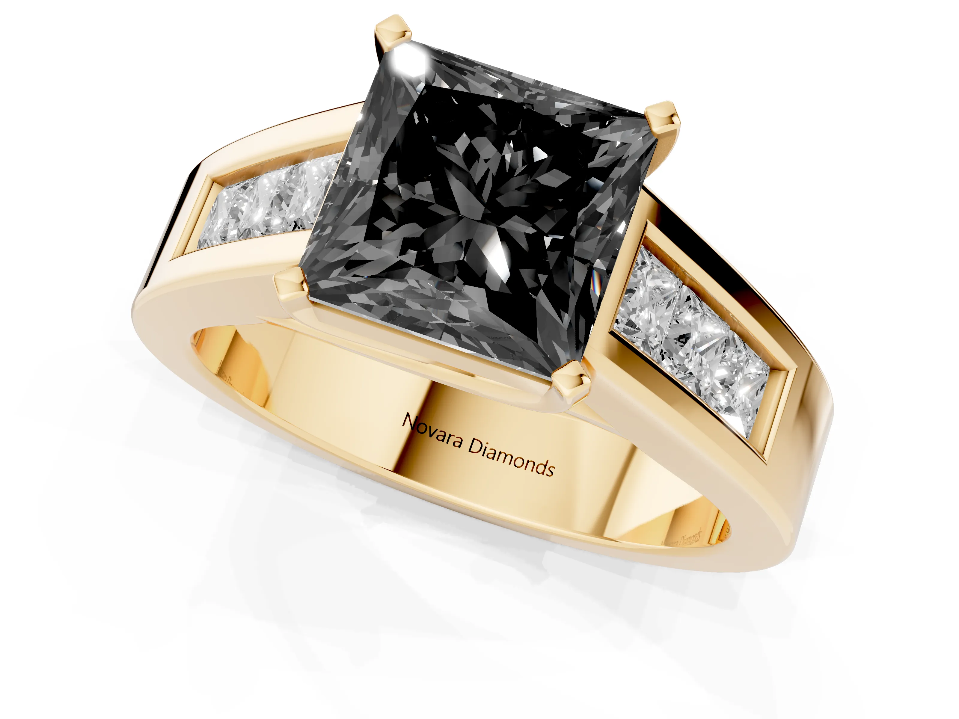 Fancy Black Princess Cut Diamond Solitaire Ring Set in Yellow gold with Channel-Set Accent Stones and Prong Setting