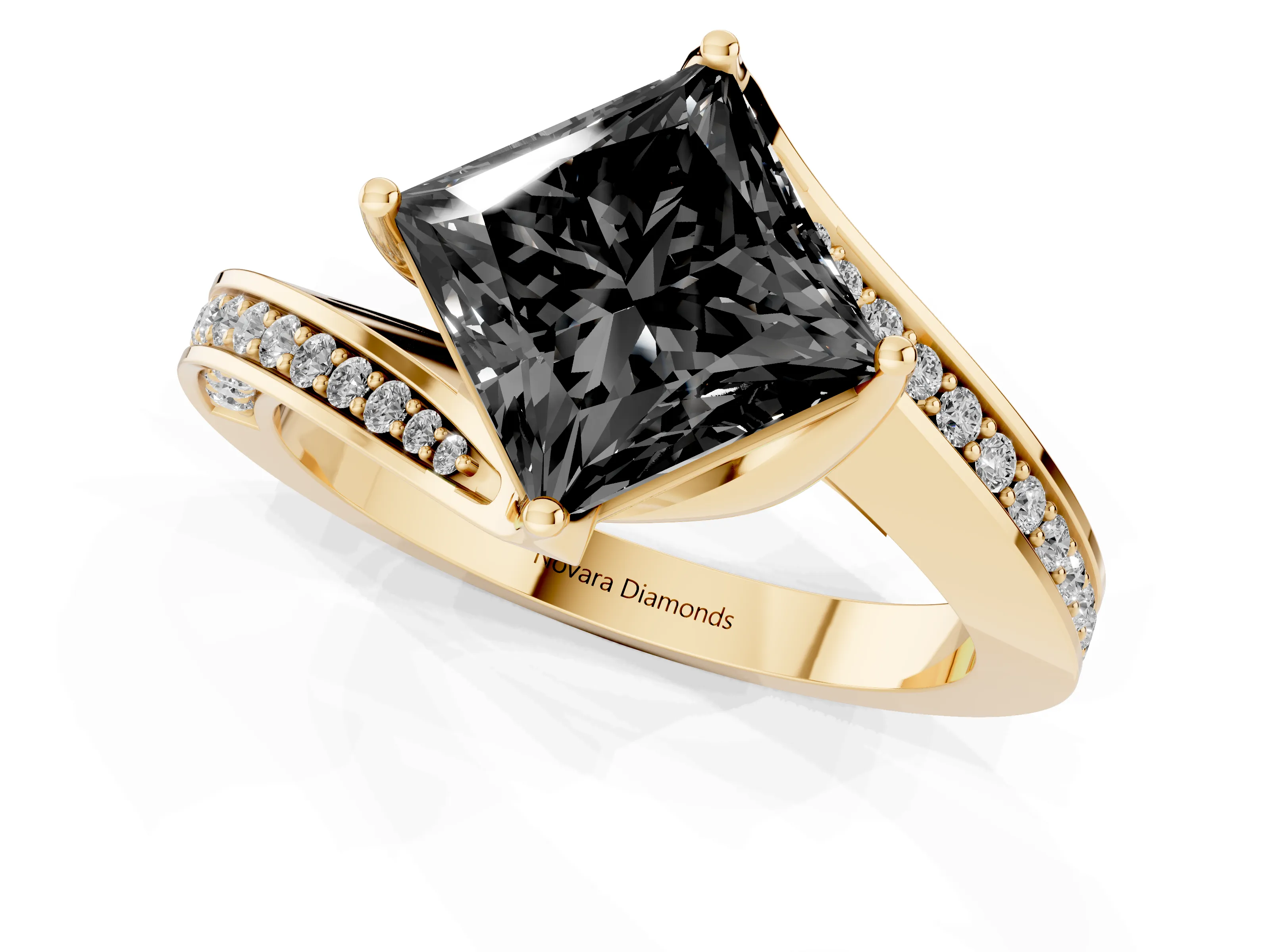 Fancy Black Princess Cut Diamond Solitaire Ring Set in Yellow gold with Intertwined Pavé Twist Band