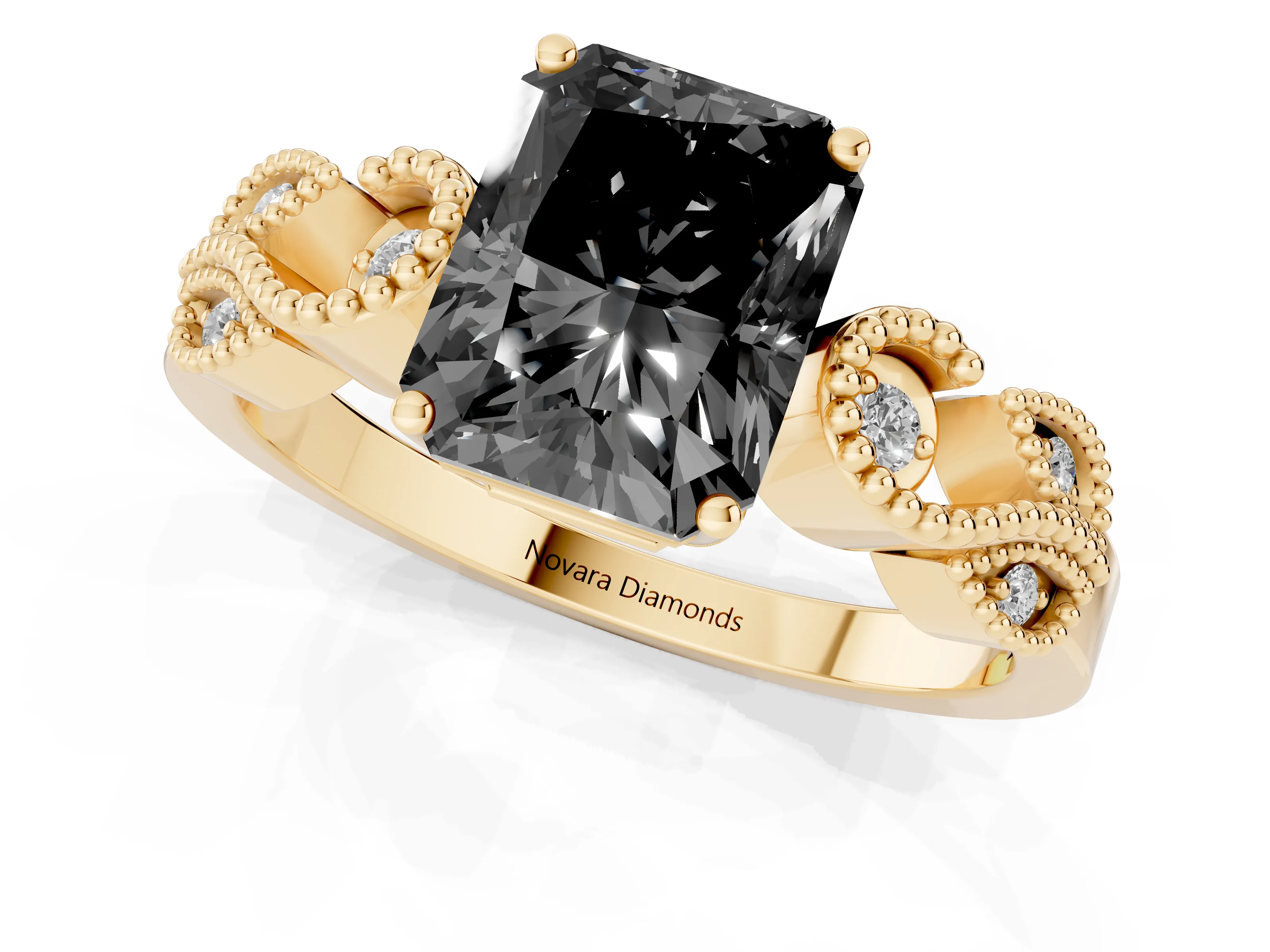 Fancy Black Princess Cut Diamond Milgrain Leaf Band Solitaire Ring Set in Yellow gold with Accent Stones and Prong Setting