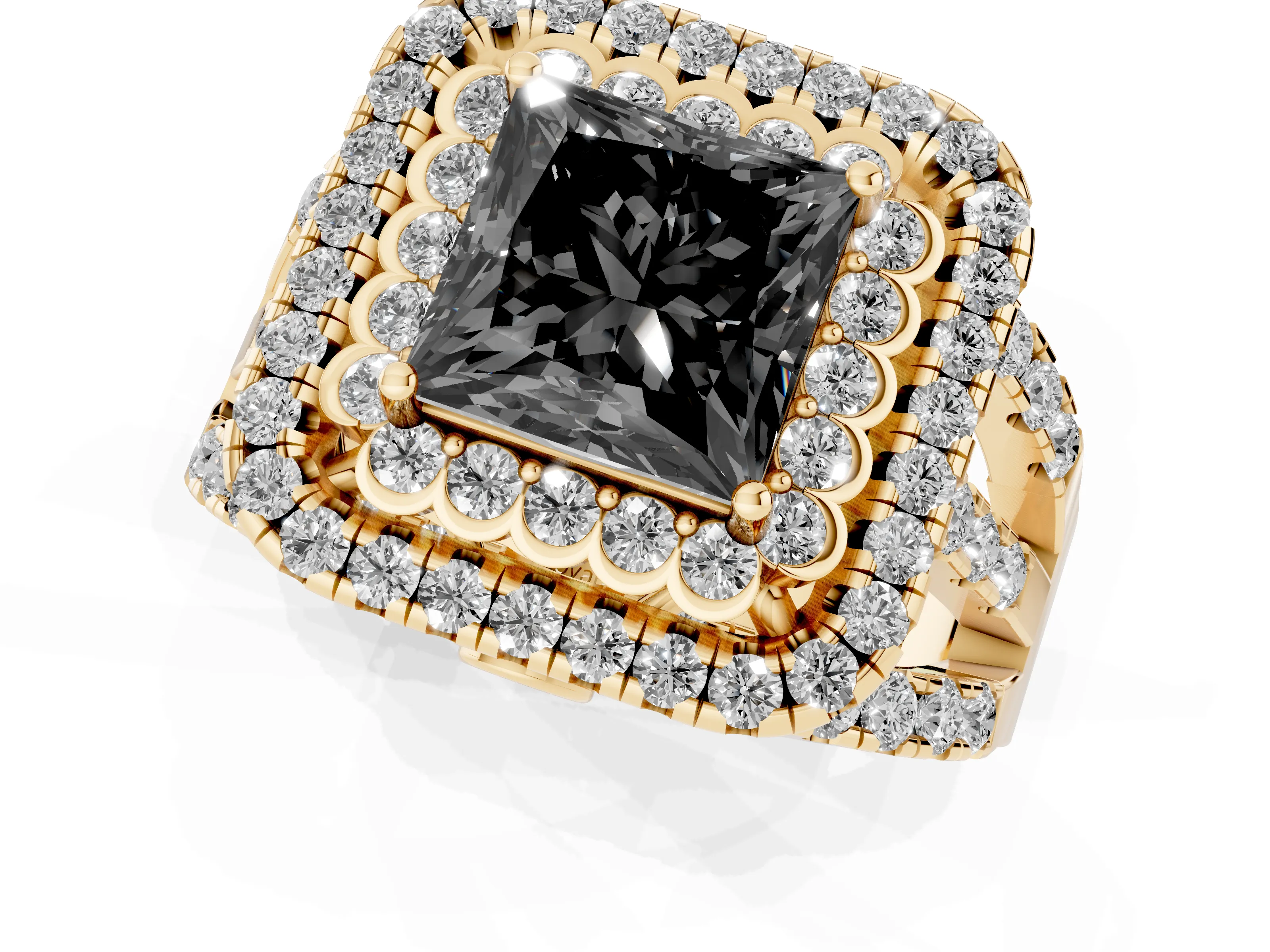 Fancy Black Princess Cut Diamond Double Halo Ring Set in Yellow gold with Round Pavé Split Shank