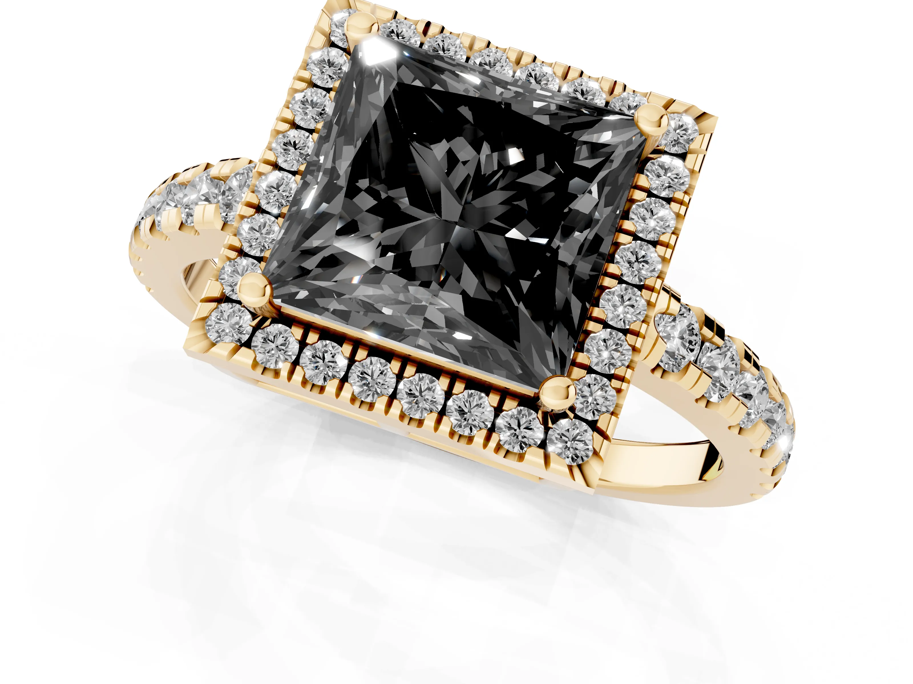 Fancy Black Princess Cut Diamond Halo Ring Set in Yellow gold with Delicate Pavé Band and Prong Setting