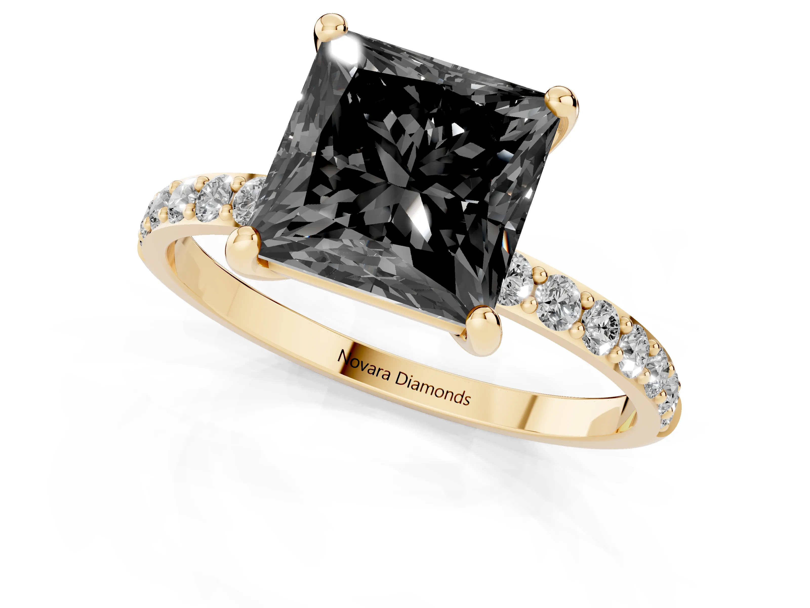 Fancy Black Princess Cut Diamond Solitaire Ring Set in Yellow gold with Round Pavé Band and Prong Setting