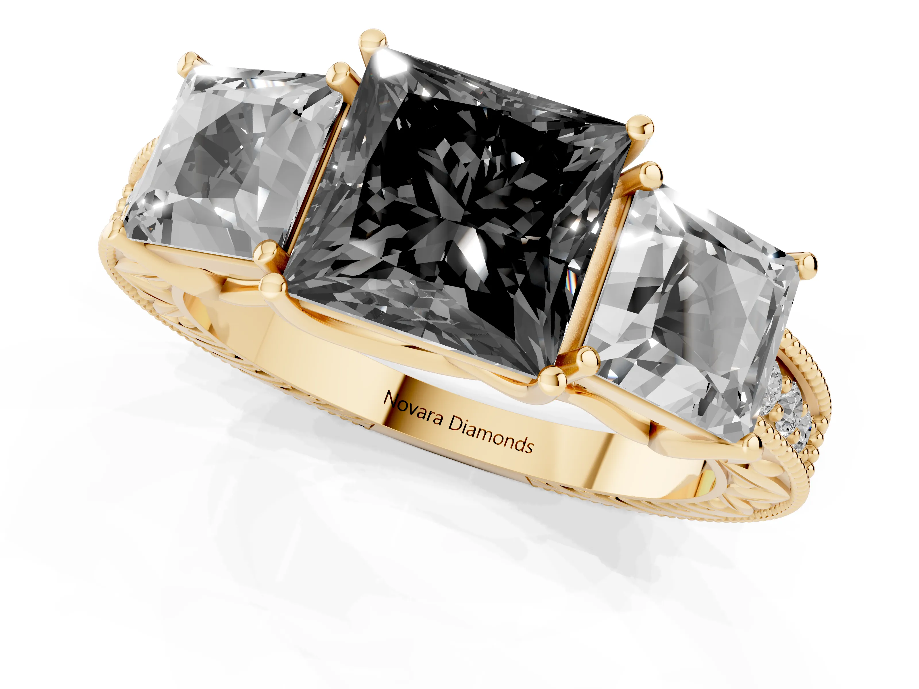 Fancy Black Princess Cut Diamond Three-Stone Engagement Ring Set in Yellow gold with Milgrain Pavé Band – second view