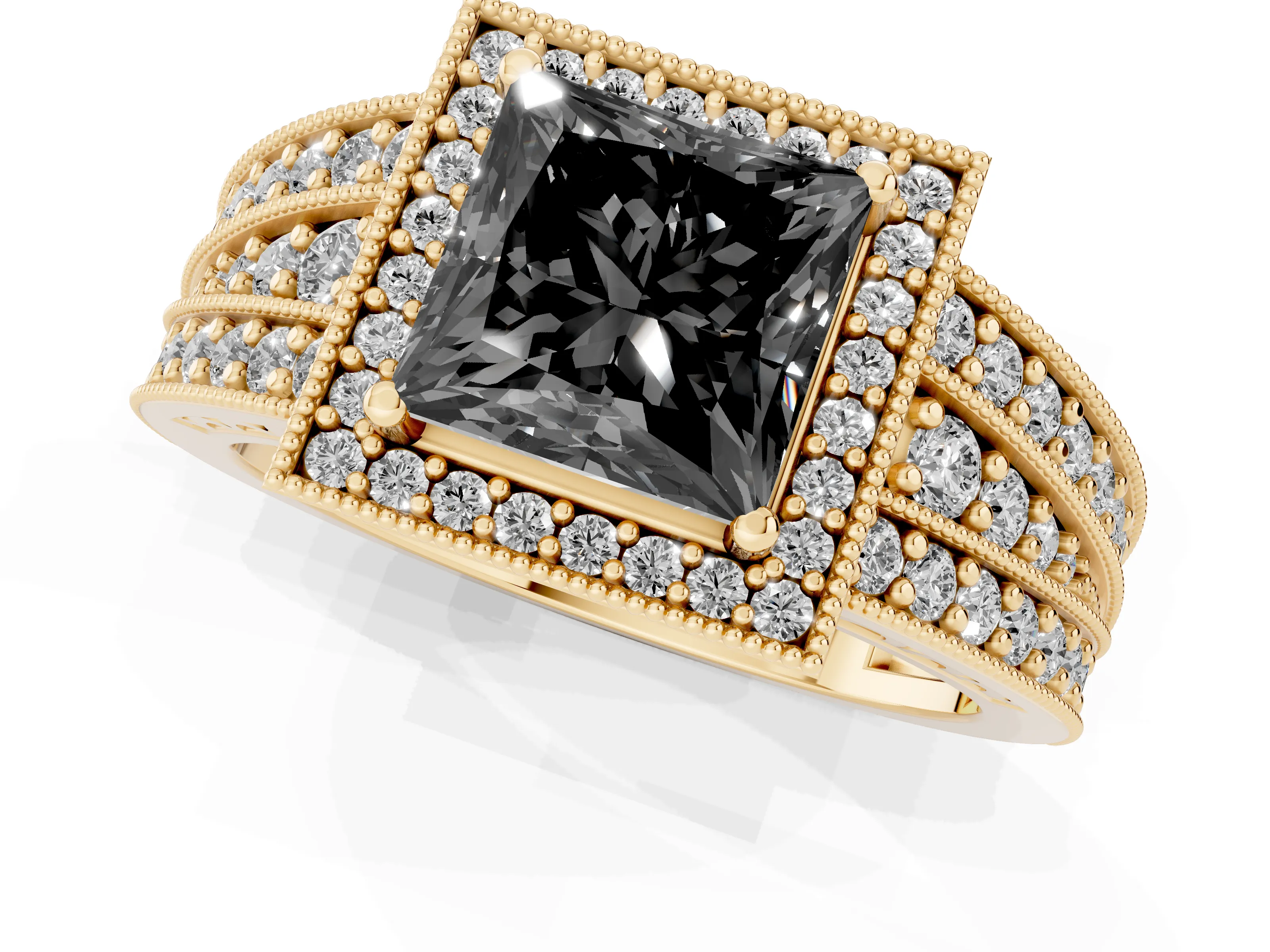 Fancy Black Princess Cut Diamond Halo Ring Set in Yellow gold with Accent Split Shank and Prong Setting
