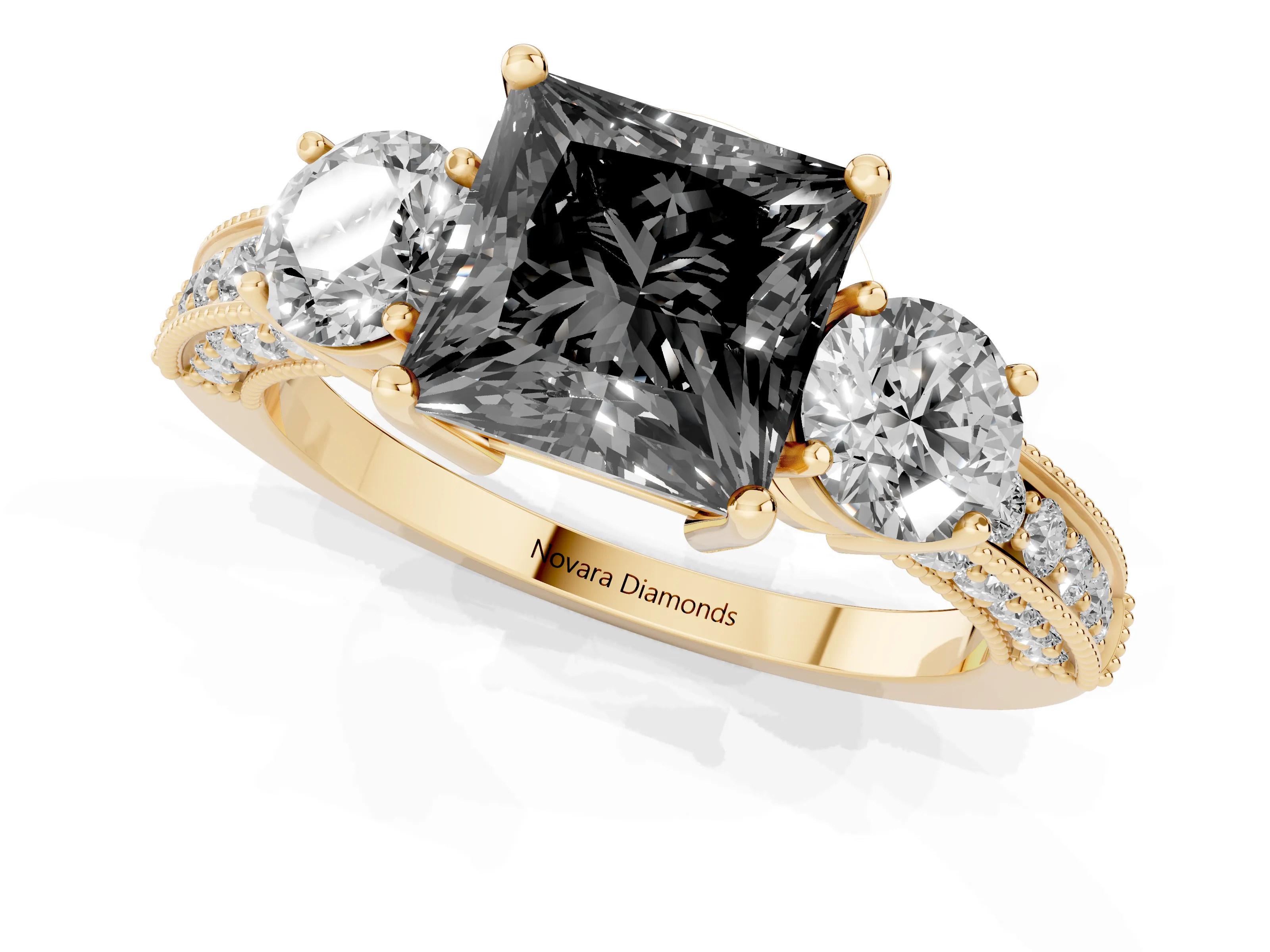 Fancy Black Princess Cut Diamond Three-Stone Ring Set in Yellow gold with Round Side Stones and Pavé Band