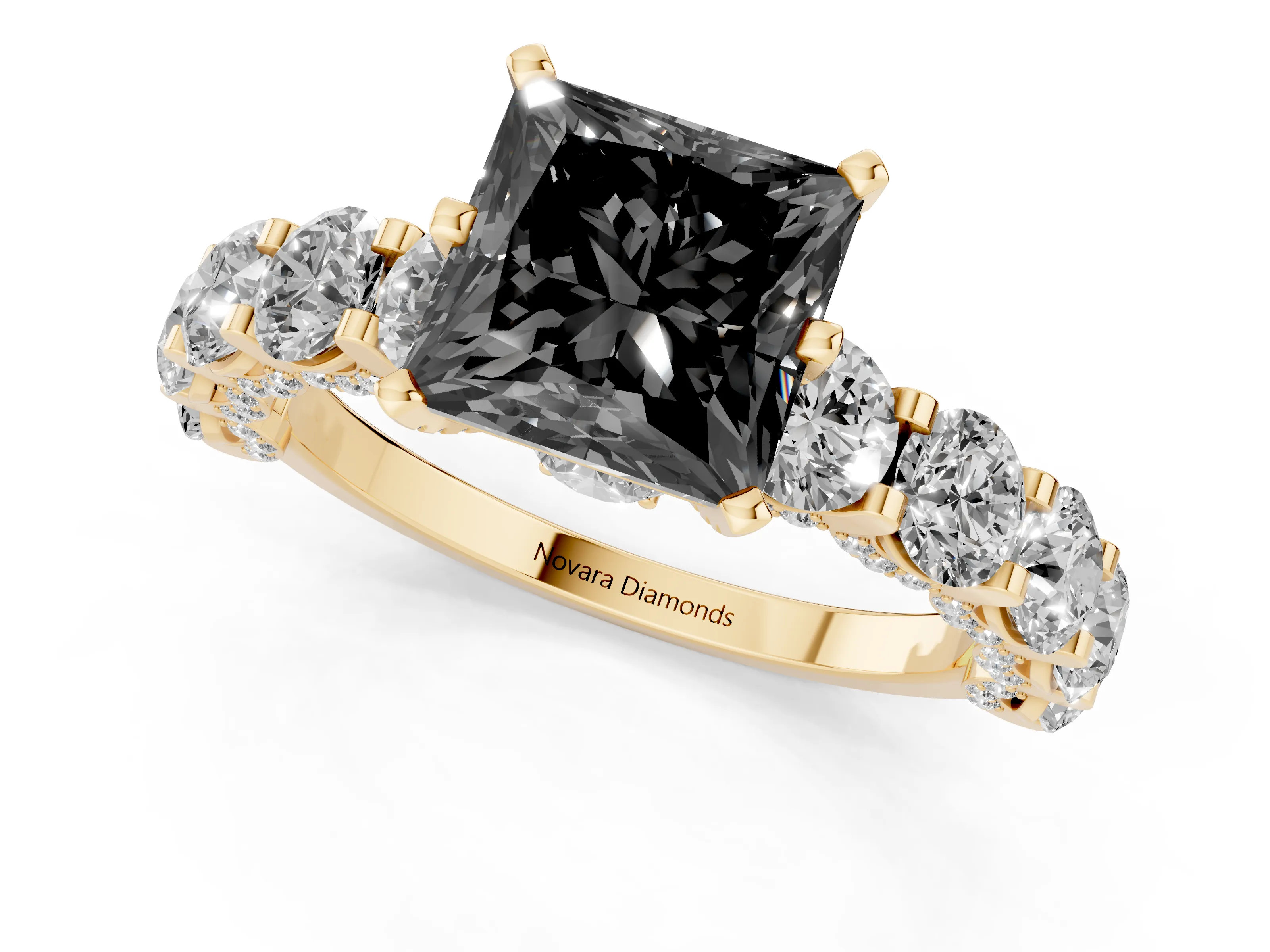Fancy Black Princess Cut Diamond Side Stone Ring Set in Yellow gold with Alternating Round and Oval Side Stones
