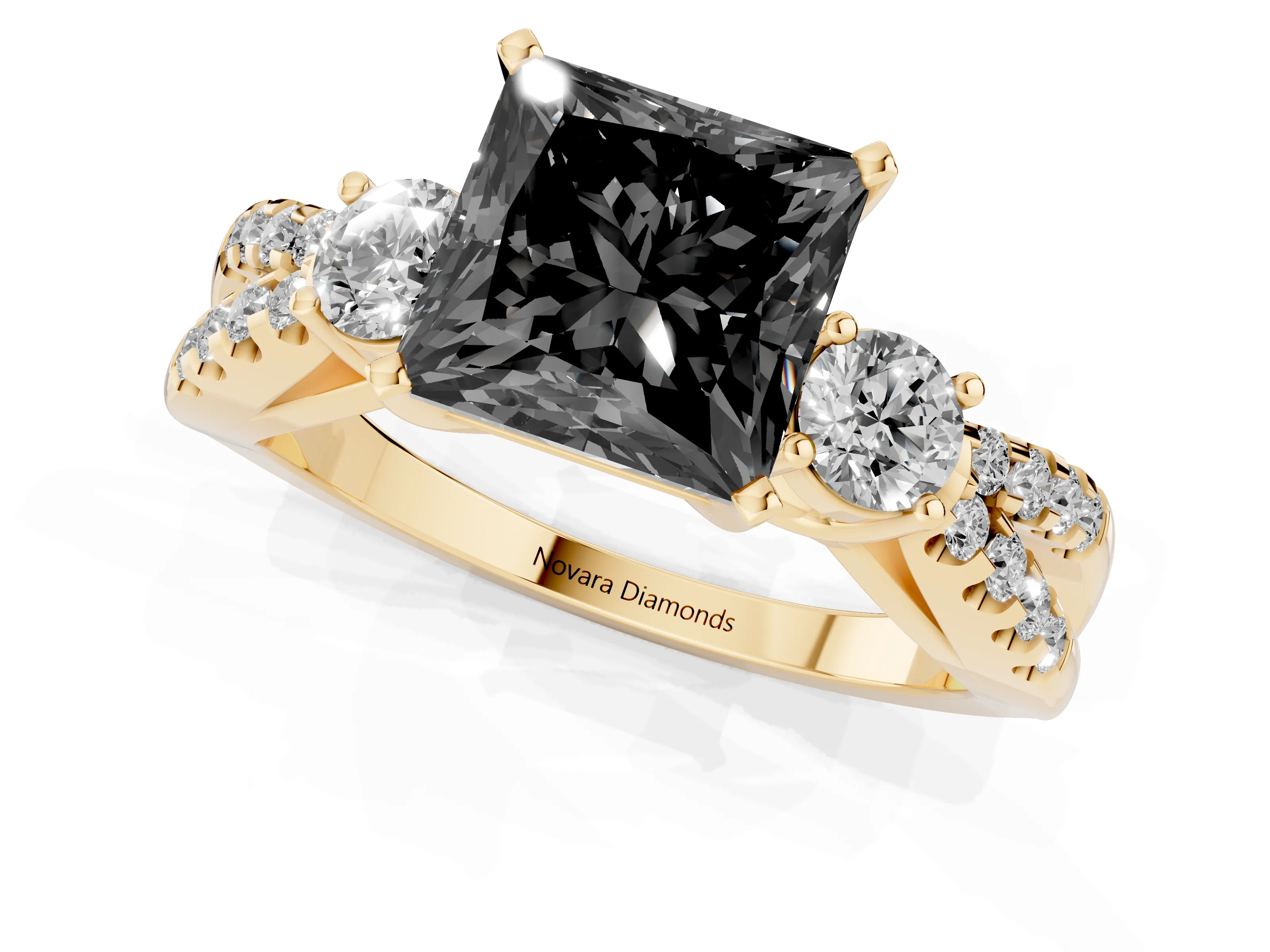 Fancy Black Princess Cut Diamond Three-Stone Ring Set in Yellow gold with Pavé Split Shank and Prong Setting