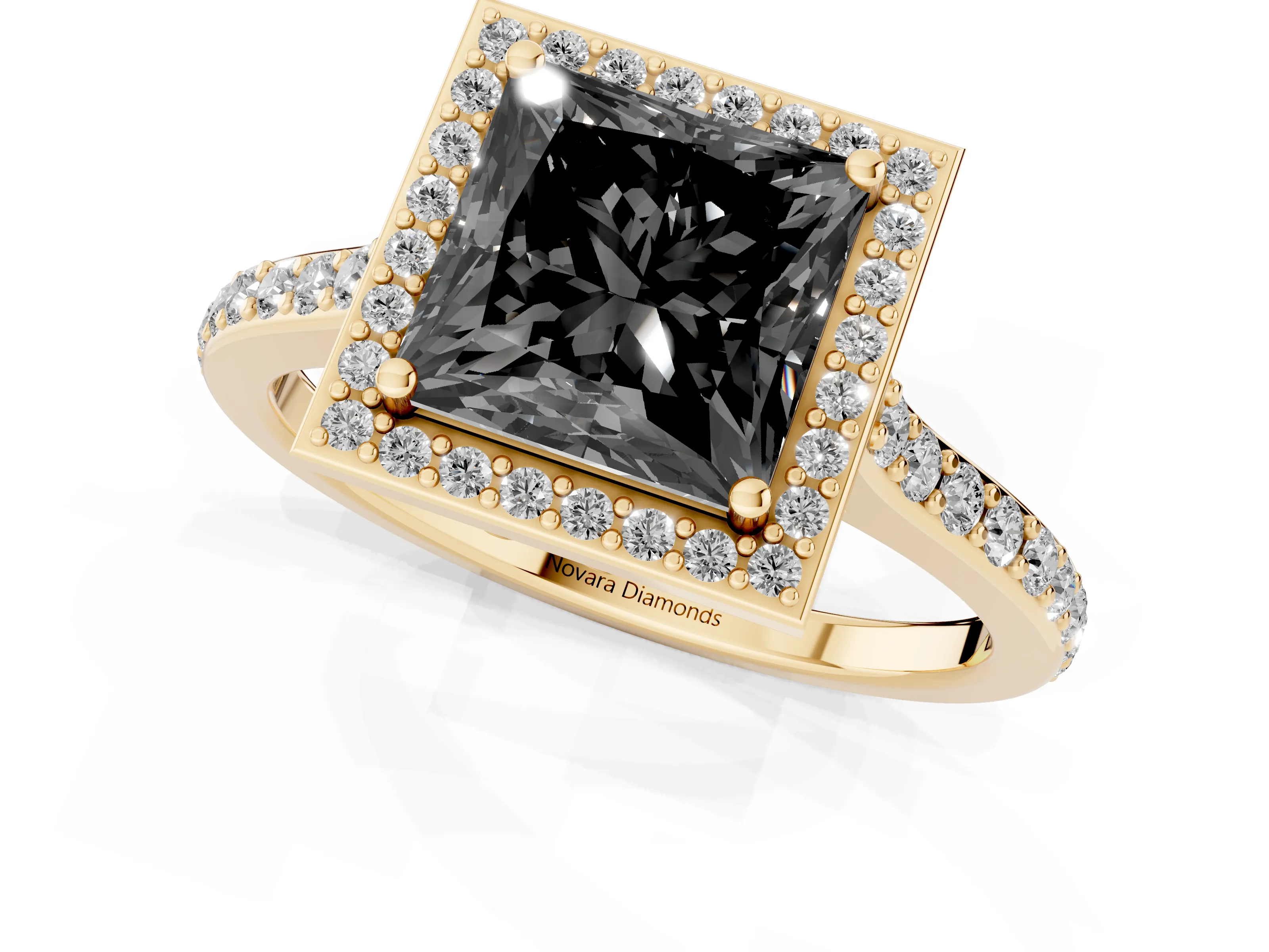Fancy Black Princess Cut Diamond Halo Engagement Ring Set in Yellow gold with Round Pavé Shoulders and Heart Gallery