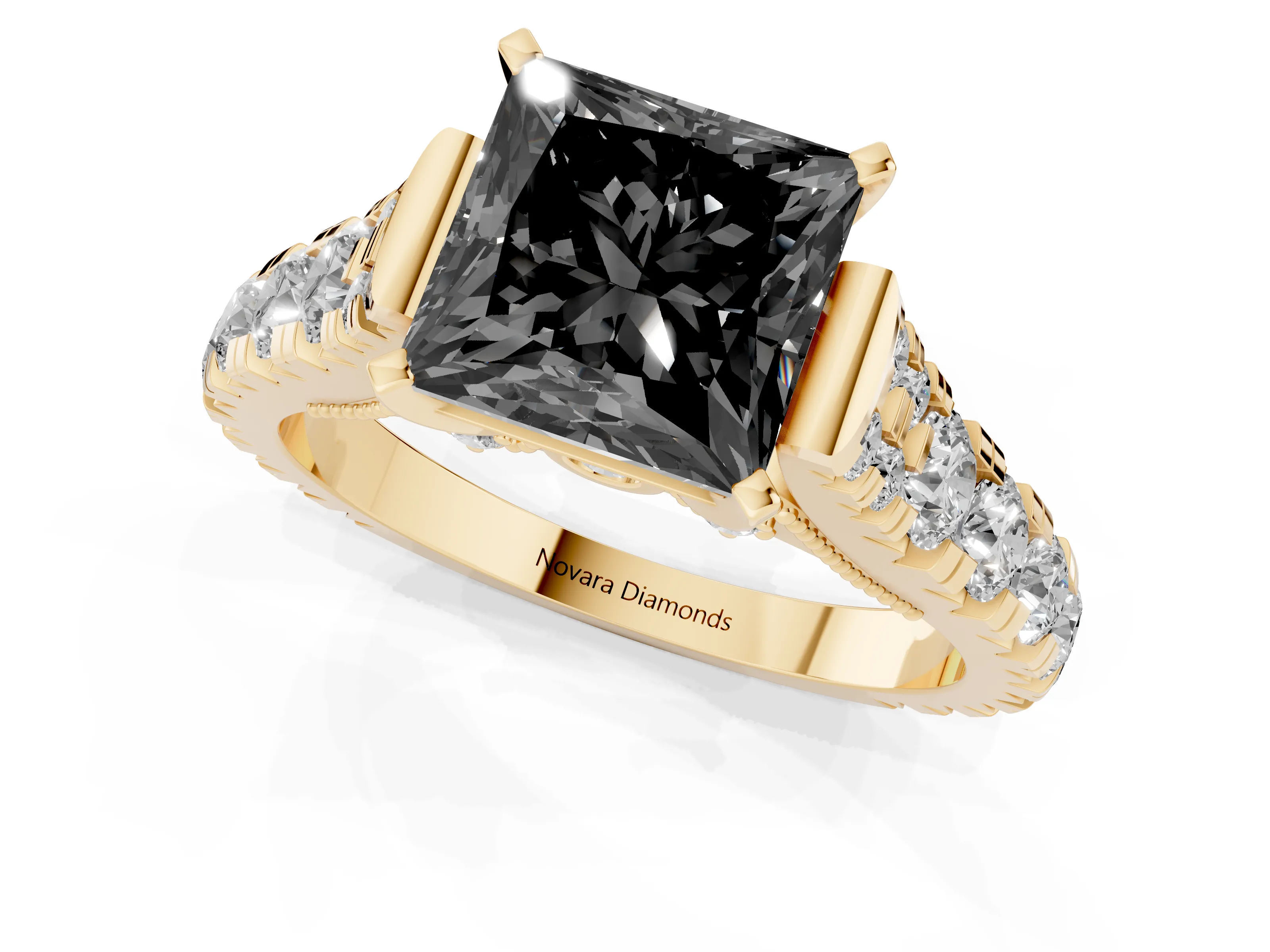 Fancy Black Princess Cut Diamond Classic Solitaire Ring Set in Yellow gold with Pavé Band and Prong Setting