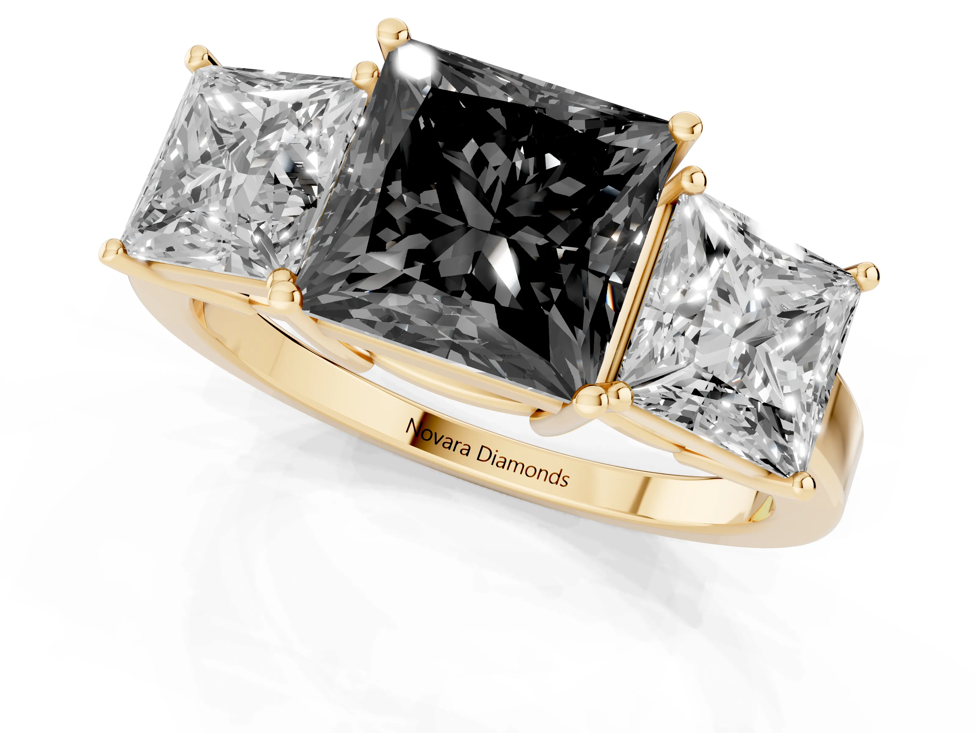 Fancy Black Princess Cut Diamond Three-Stone Engagement Ring Set in Yellow gold with Flat Band