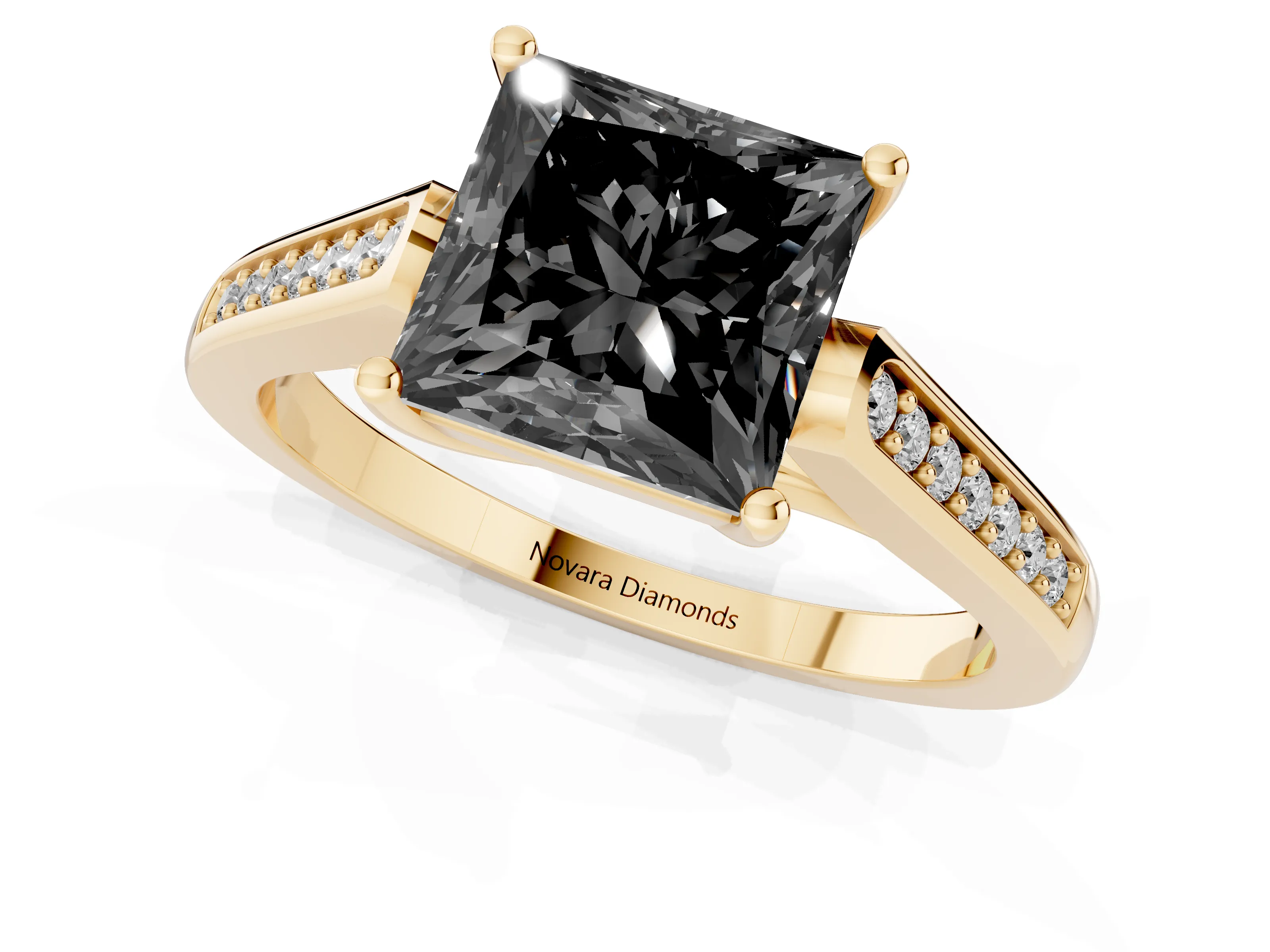Fancy Black Princess Cut Diamond Solitaire Cathedral Engagement Ring Set in Yellow gold with Channel-Set Band and Prong Setting