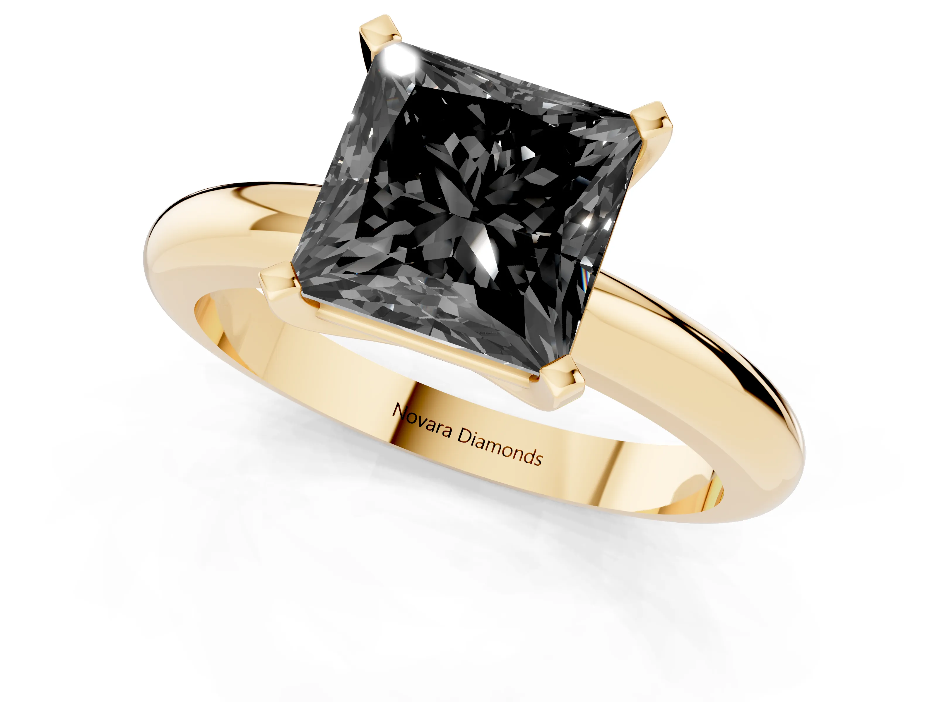 Fancy Black Princess Cut Diamond Solitaire Engagement Ring Set in Yellow gold with Round Band and Prong Setting