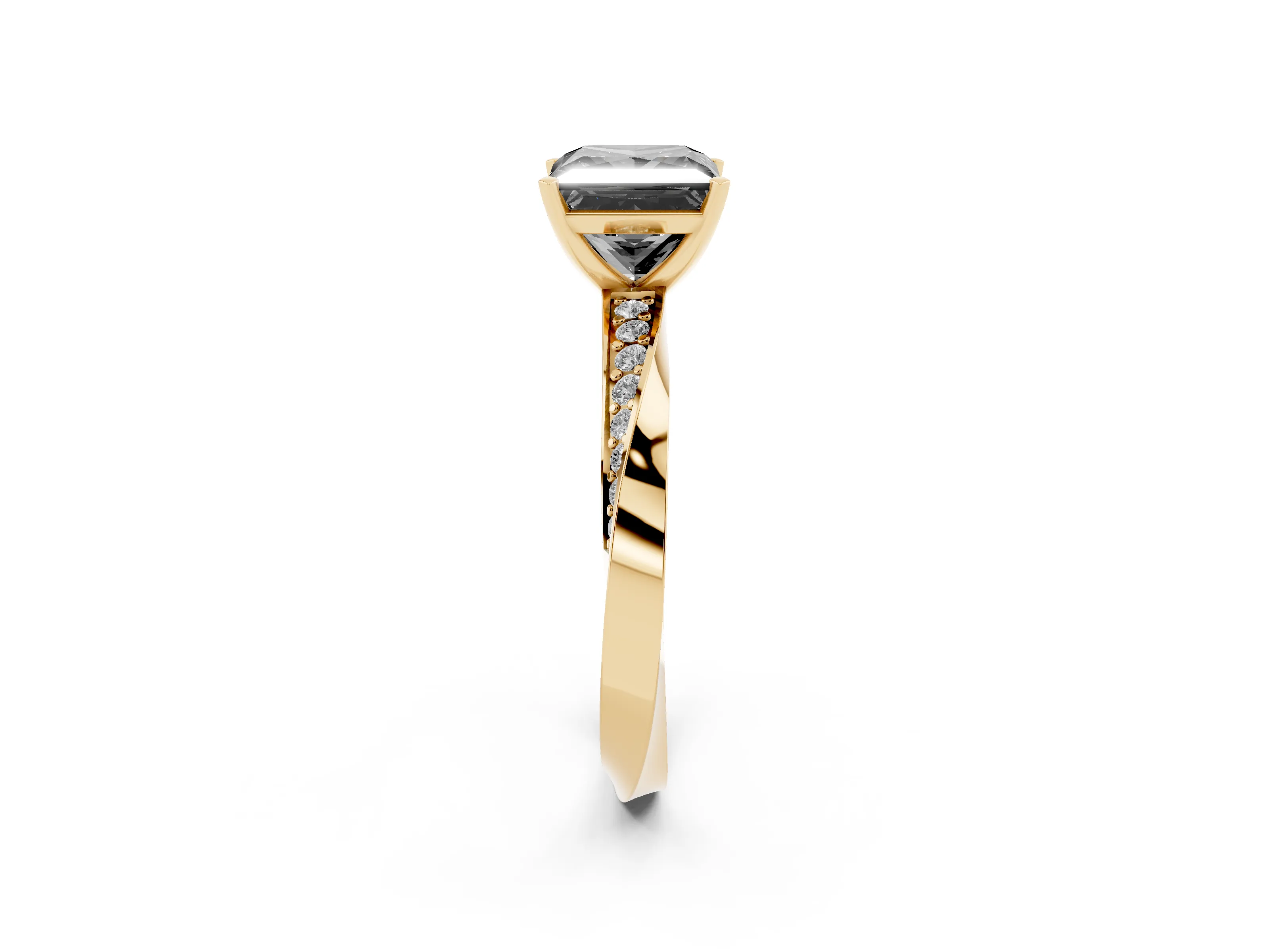 Fancy Black Princess Cut Diamond Engagement Ring Set in Yellow gold with Side Stone Accents and Prong Setting