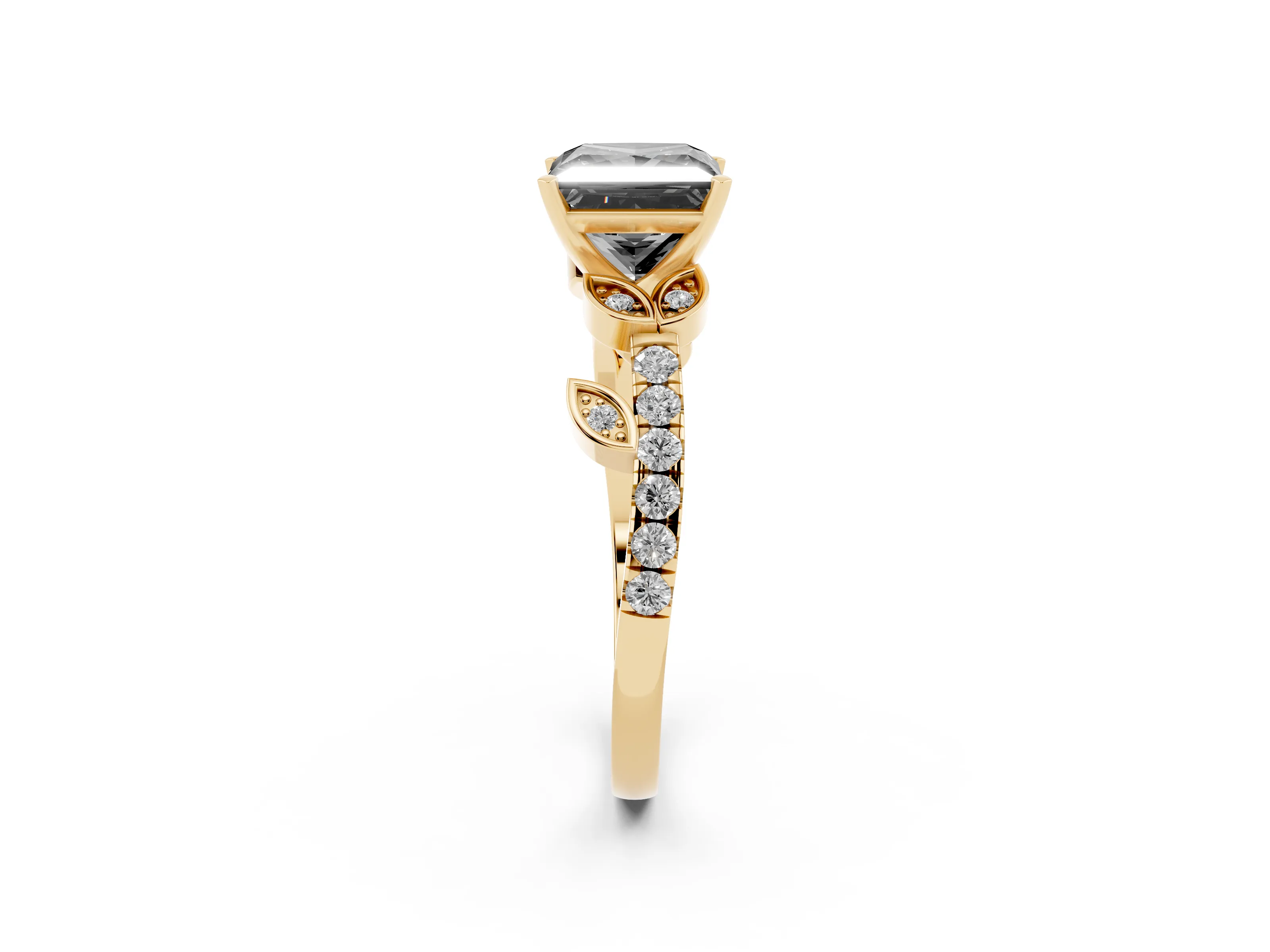 Fancy Black Princess Cut Diamond Solitaire Leaf-Inspired Ring Set in Yellow gold with Pavé Band and Prong Setting