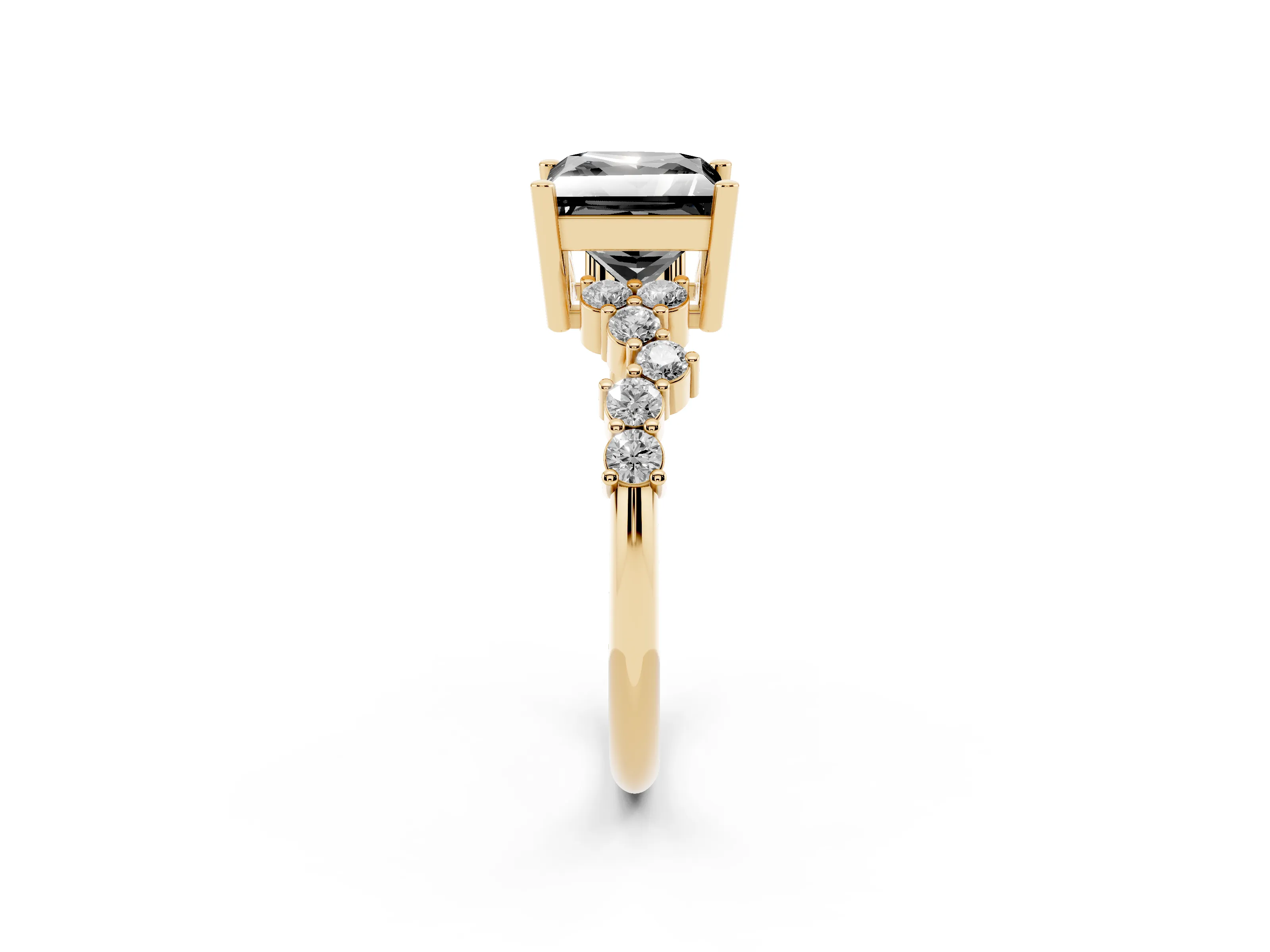 Fancy Black Princess Cut Diamond Ring Set in Yellow gold with Scattered Round Accents