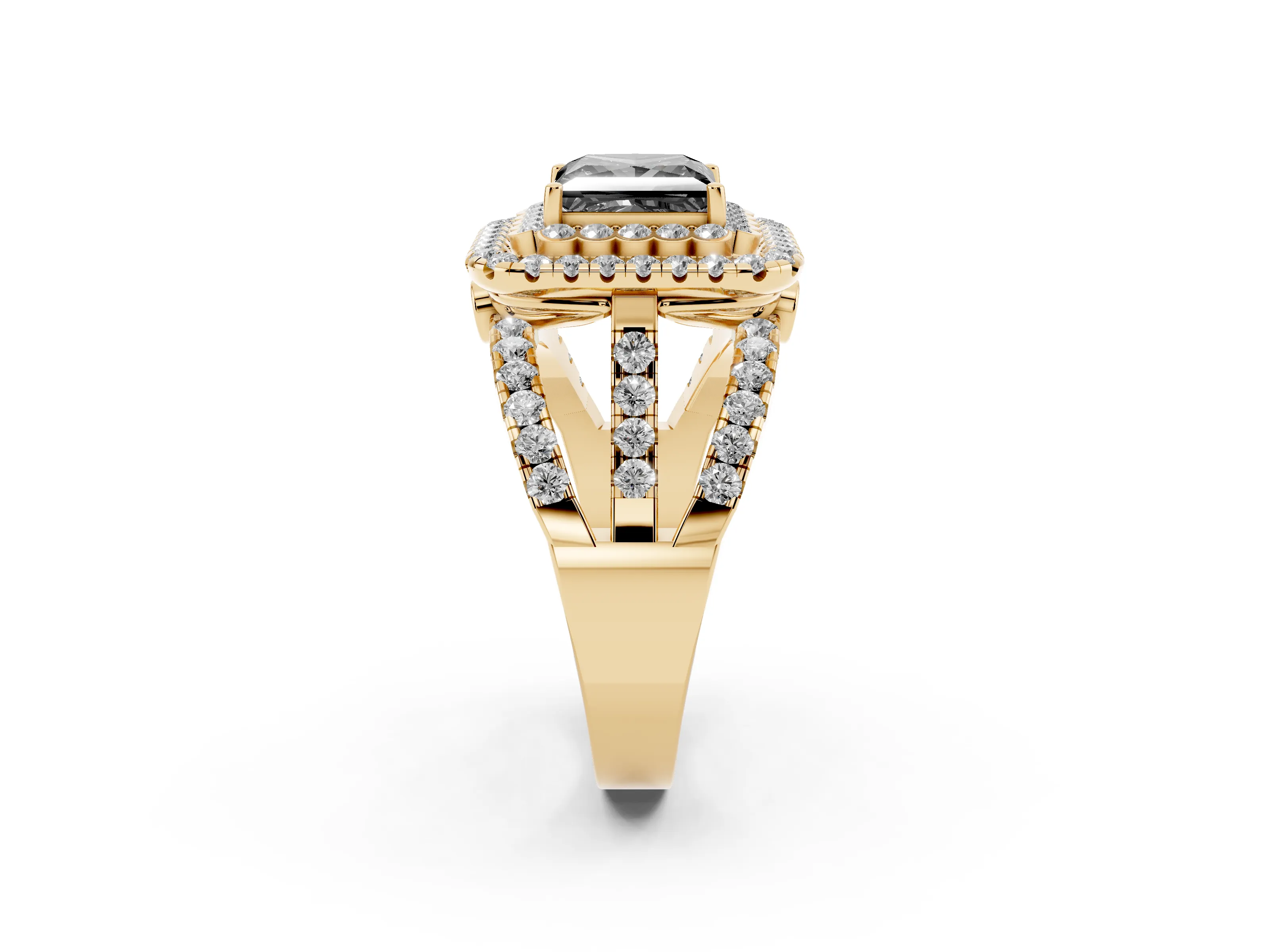 Fancy Black Princess Cut Diamond Double Halo Ring Set in Yellow gold with Round Pavé Split Shank