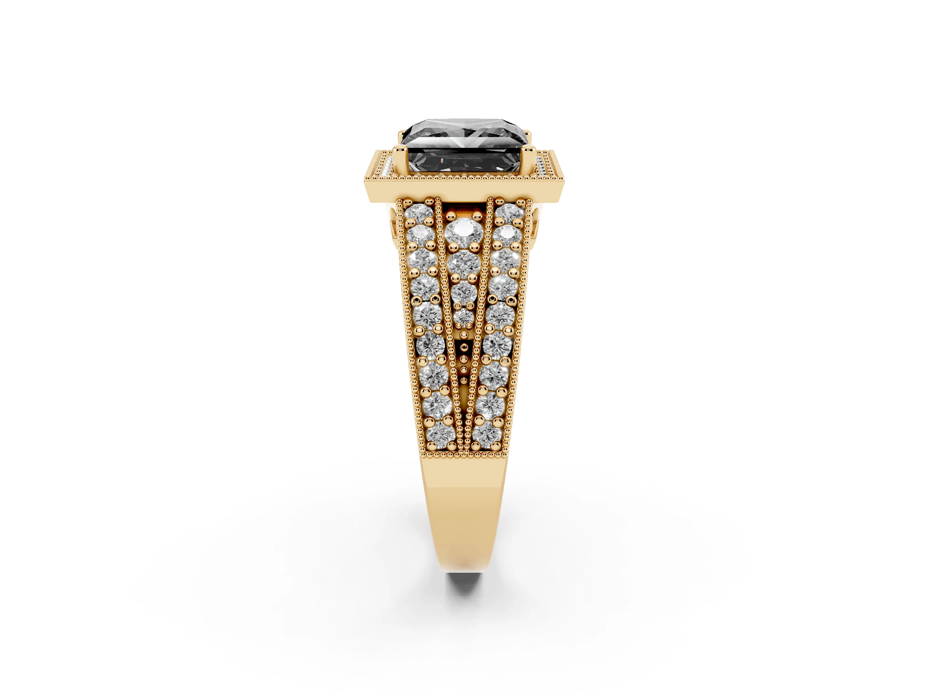 Fancy Black Princess Cut Diamond Halo Ring Set in Yellow gold with Accent Split Shank and Prong Setting