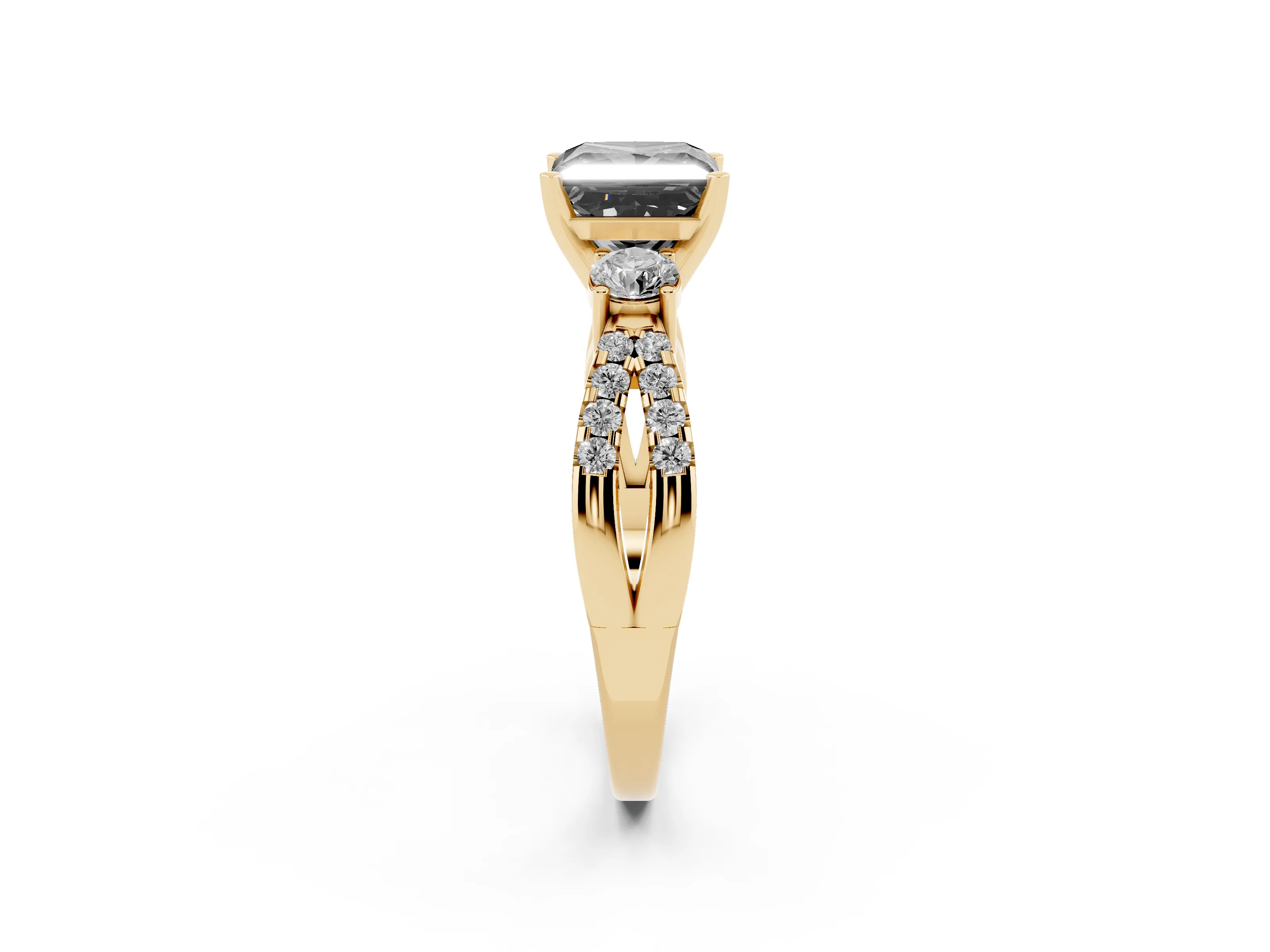 Fancy Black Princess Cut Diamond Three-Stone Ring Set in Yellow gold with Pavé Split Shank and Prong Setting