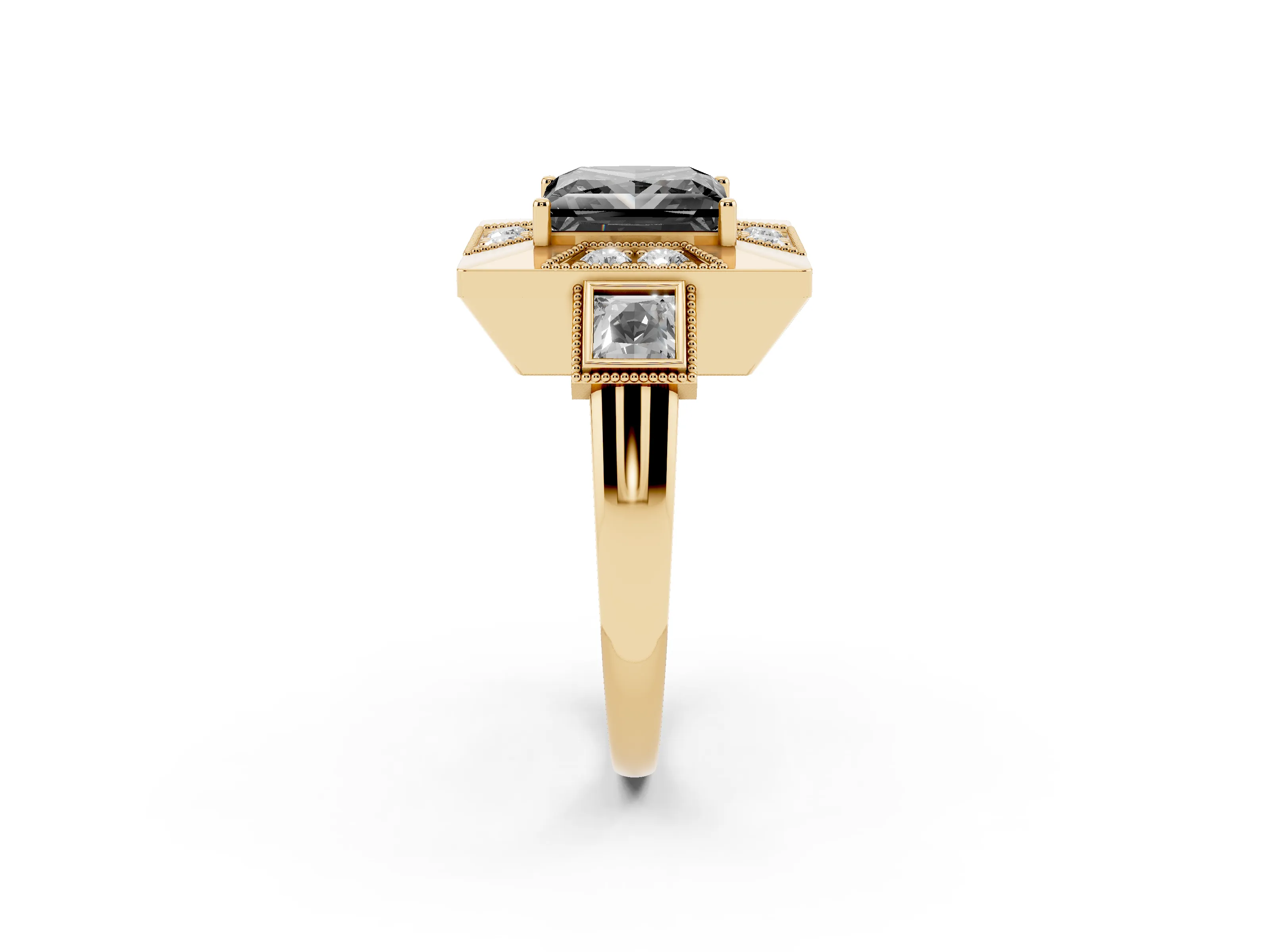 Fancy Black Princess Cut Diamond Milgrain Halo Ring Set in Yellow gold with Split Shank