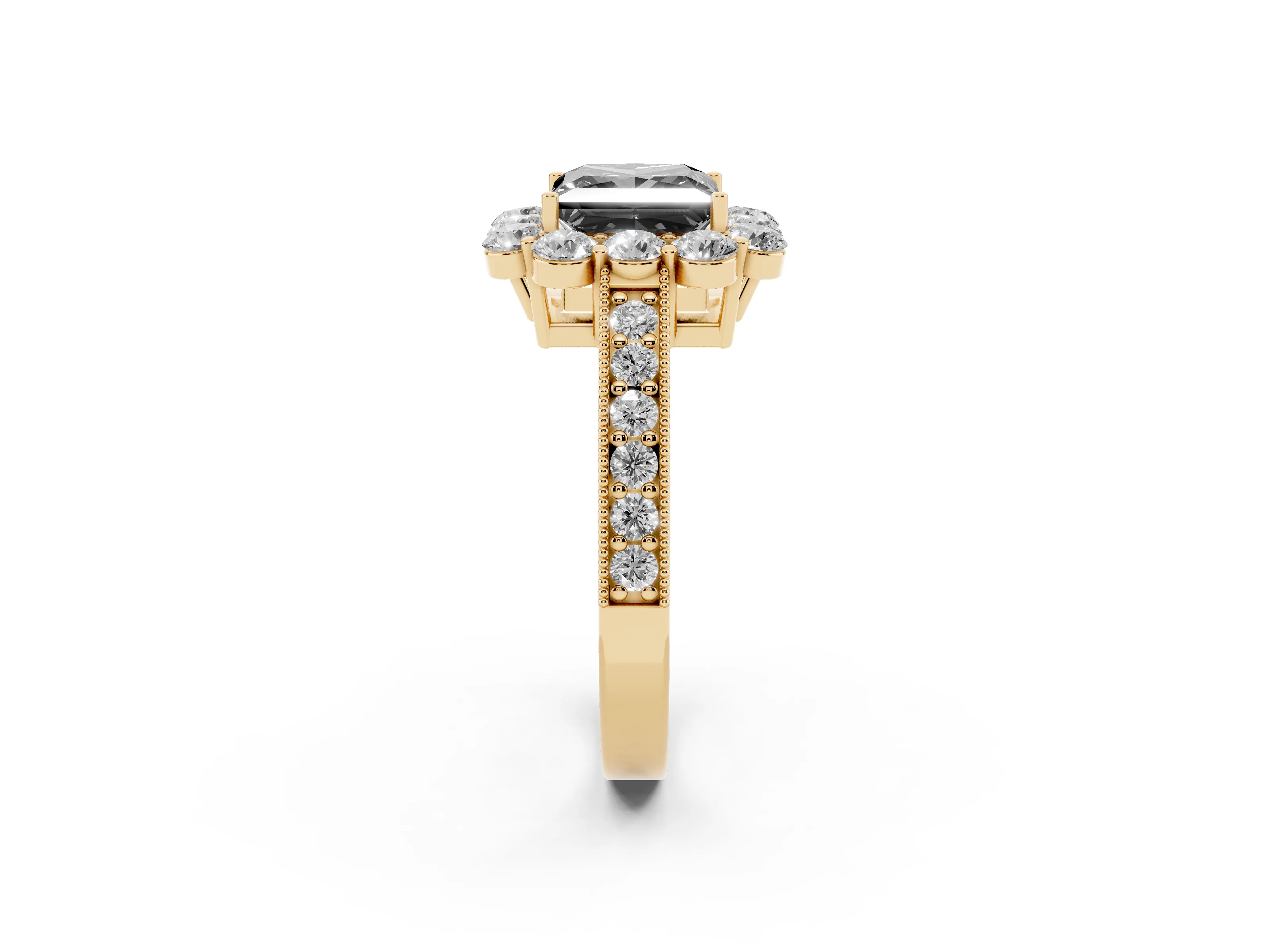 Fancy Black Princess Cut Diamond Halo Pavé Engagement Ring Set in Yellow gold with Milgrain Detailing