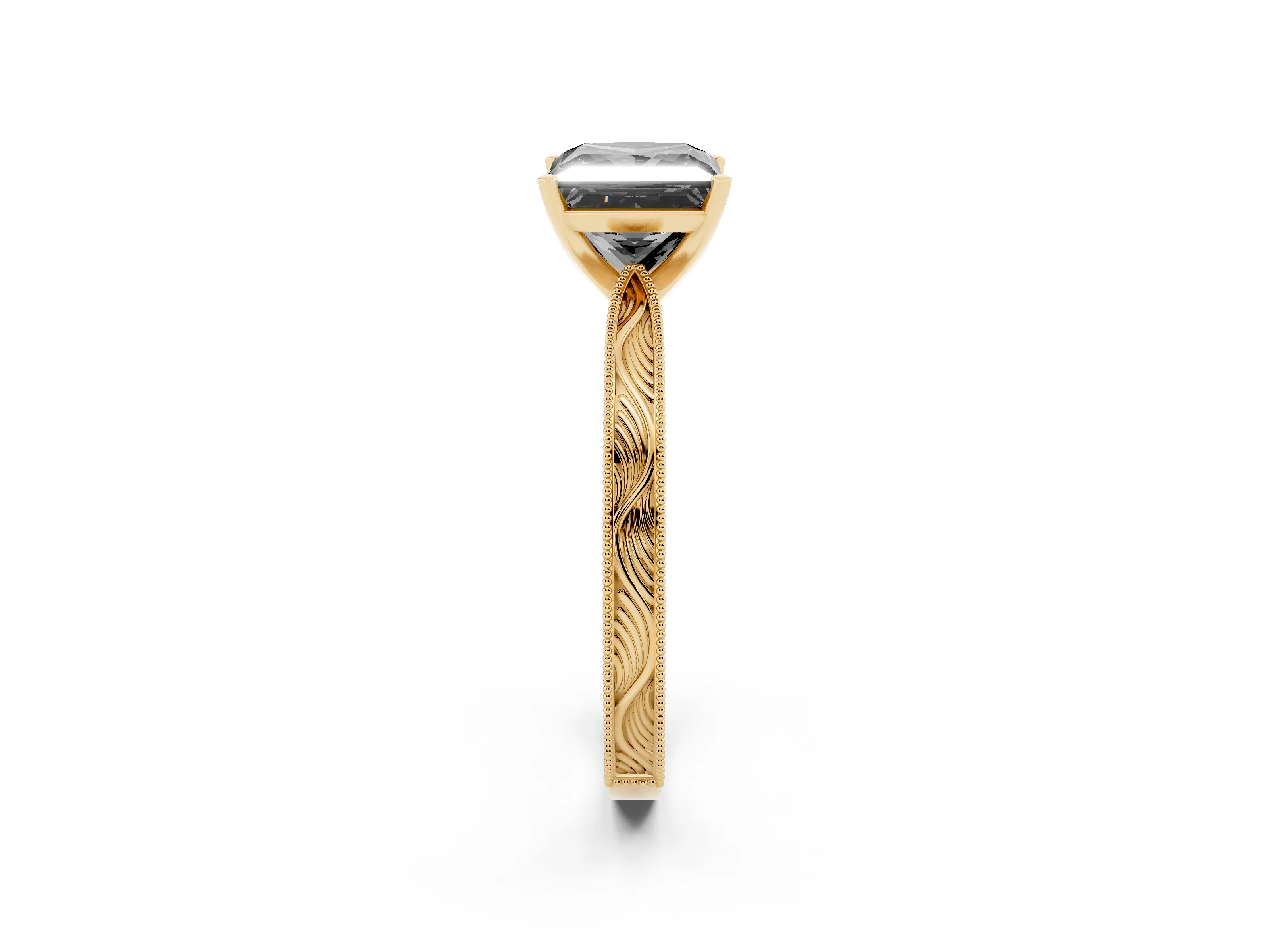 Fancy Black Princess Cut Diamond Solitaire Milgrain Engraved Band Set in Yellow gold with Prong Setting