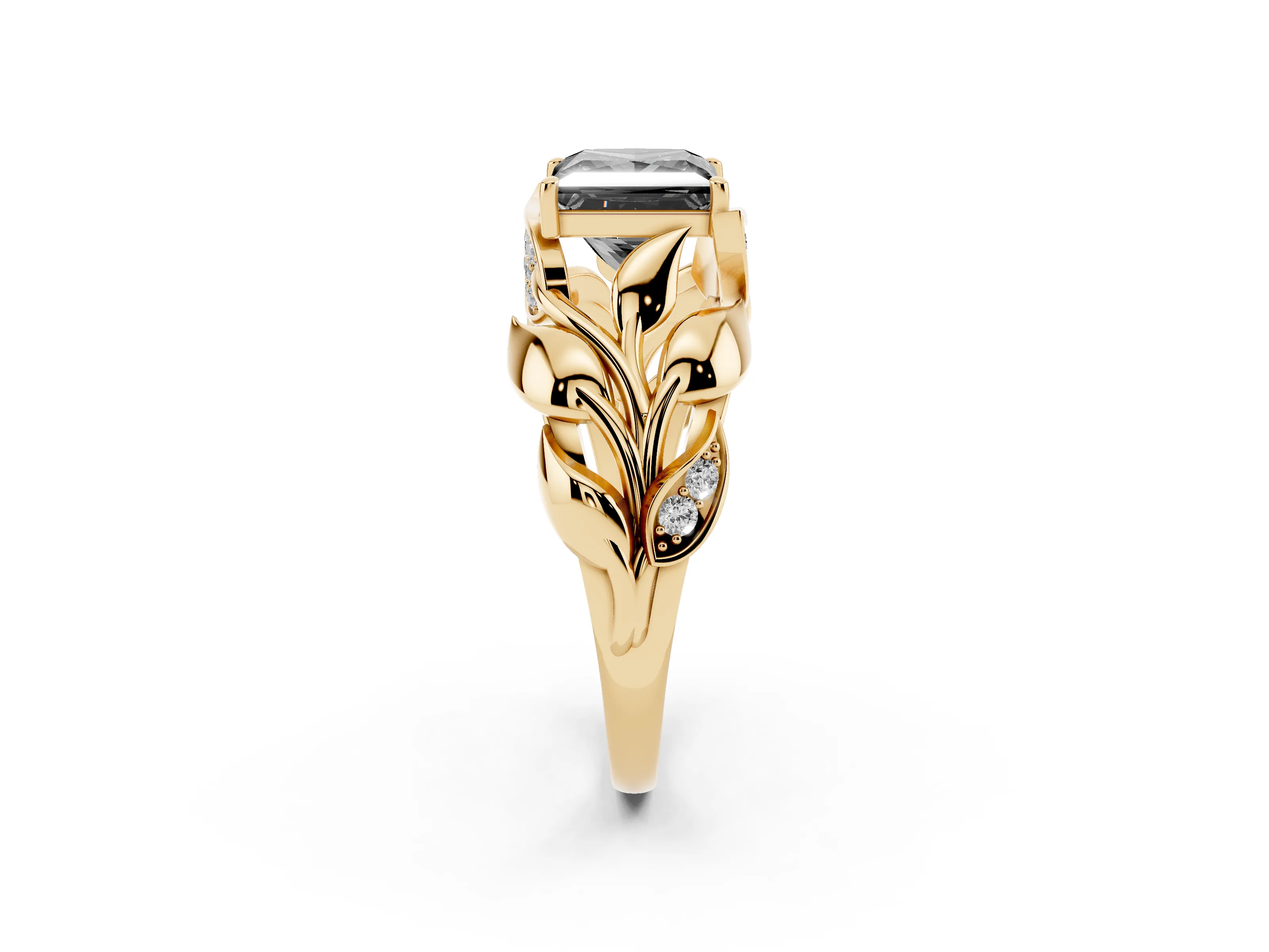 Fancy Black Princess Cut Diamond Leaf-Inspired Engagement Ring Set in Yellow gold with Round Accents
