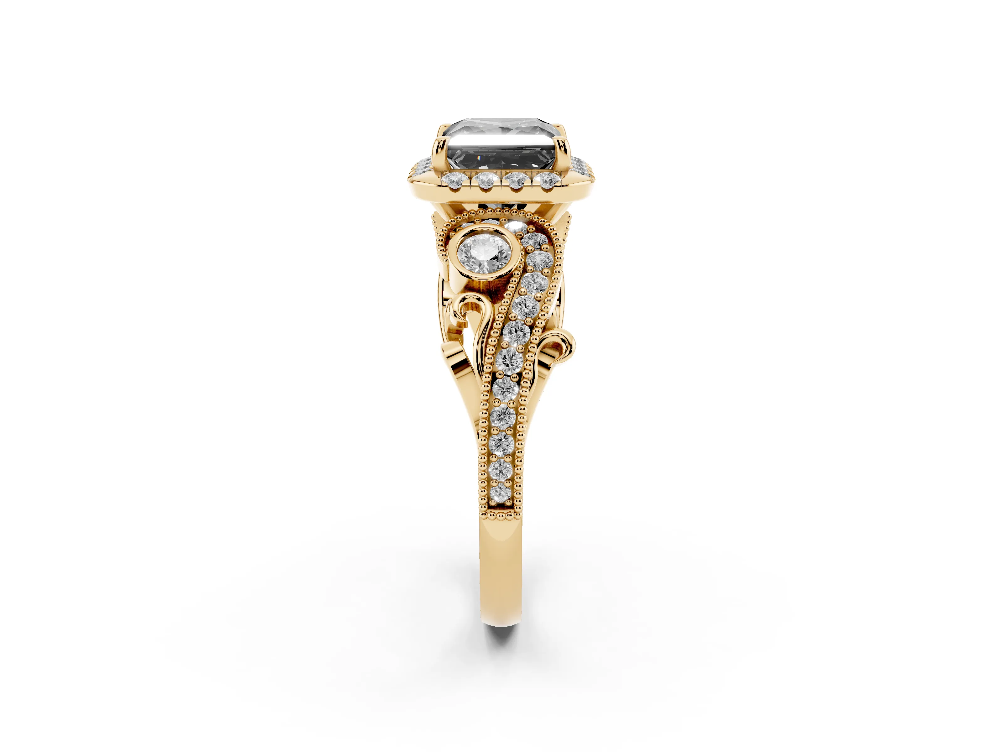 Fancy Black Princess Cut Diamond Halo Split Shank Ring Set in Yellow gold with Milgrain and Bezel Accents