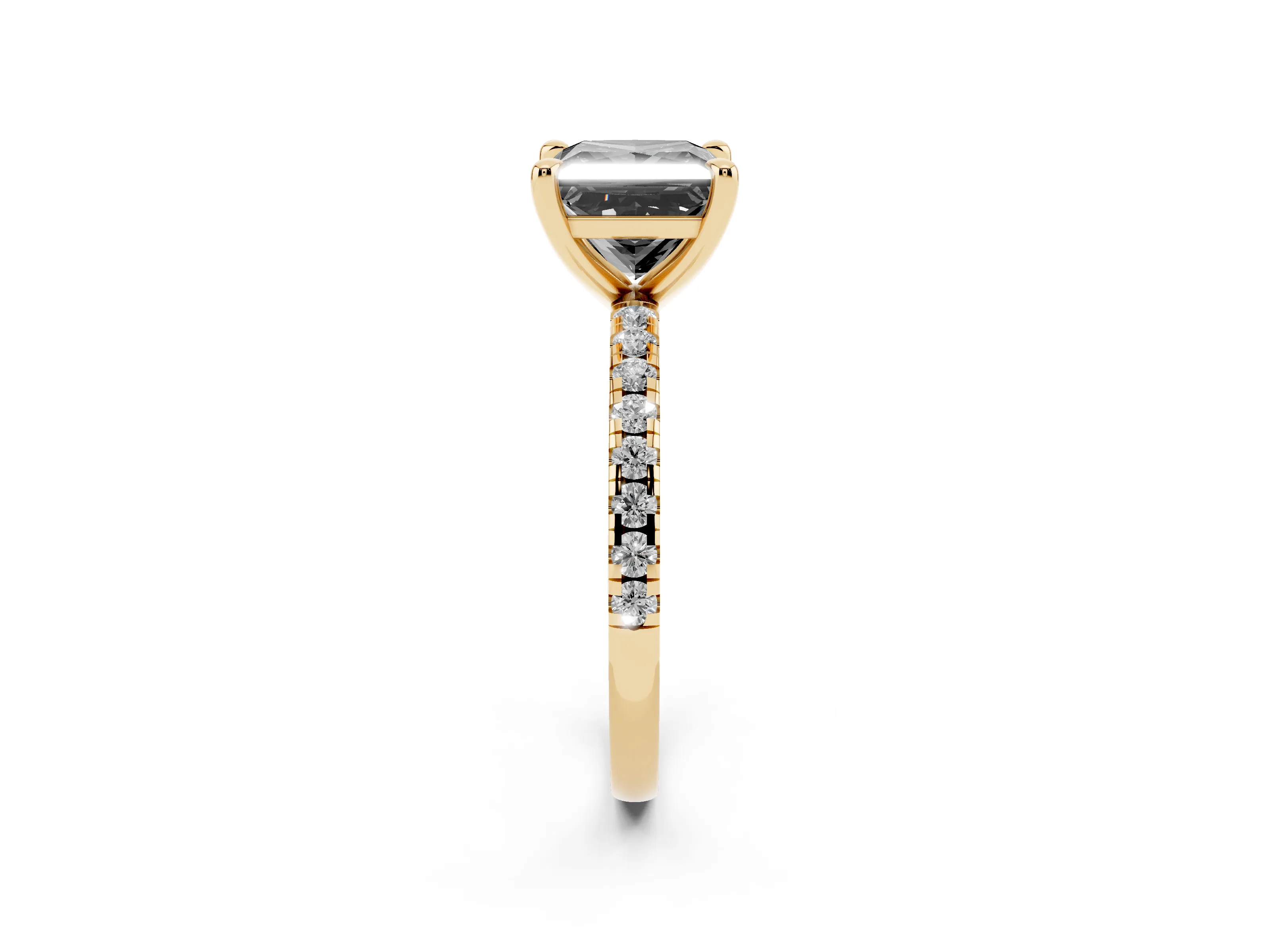 Fancy Black Princess Cut Diamond Brilliant Solitaire Ring Set in Yellow gold with Pavé Band and Prong Setting