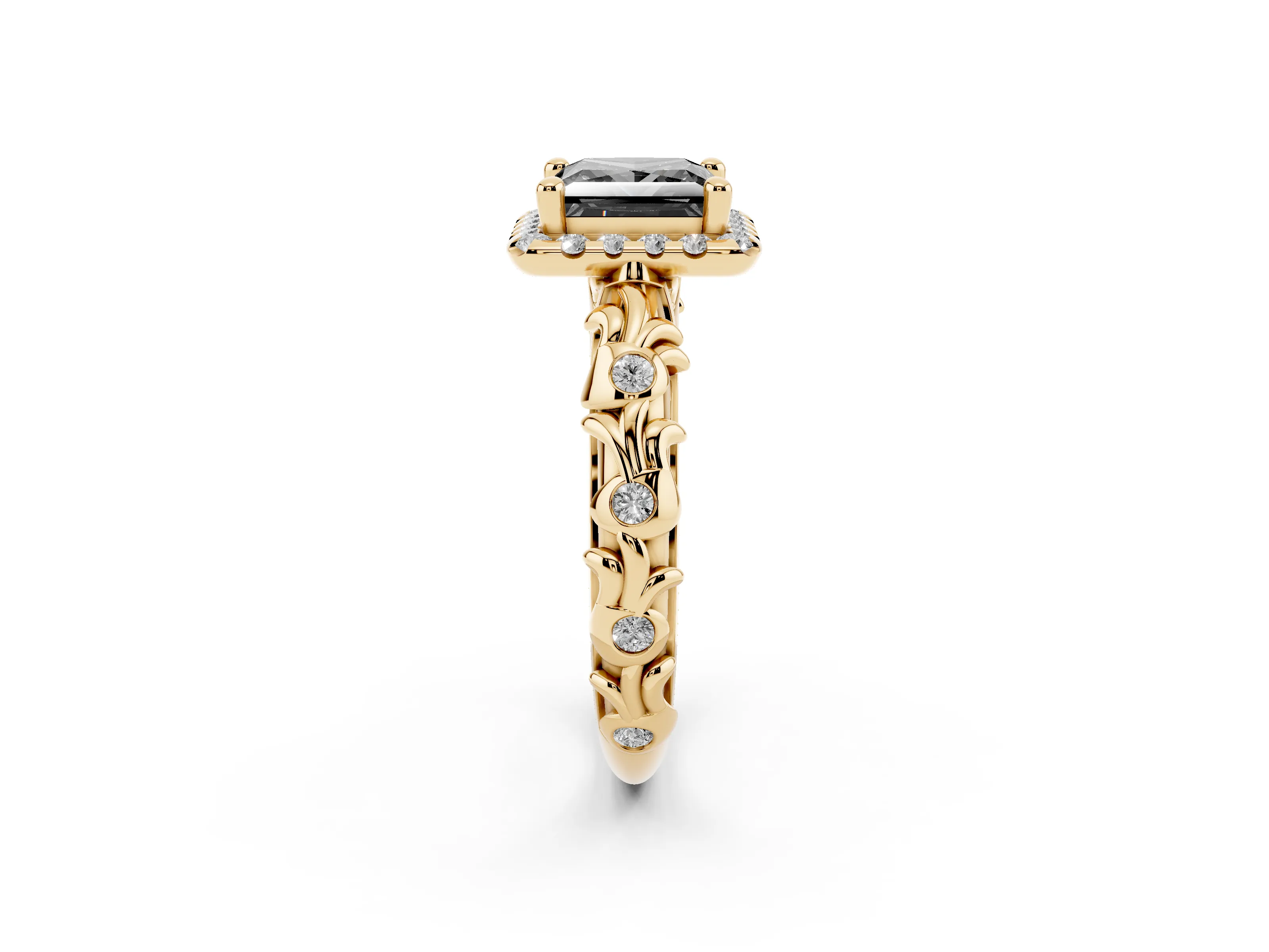 Fancy Black Princess Cut Diamond Halo Ring Set in Yellow gold with Filigree Leaf Band and Prong Setting
