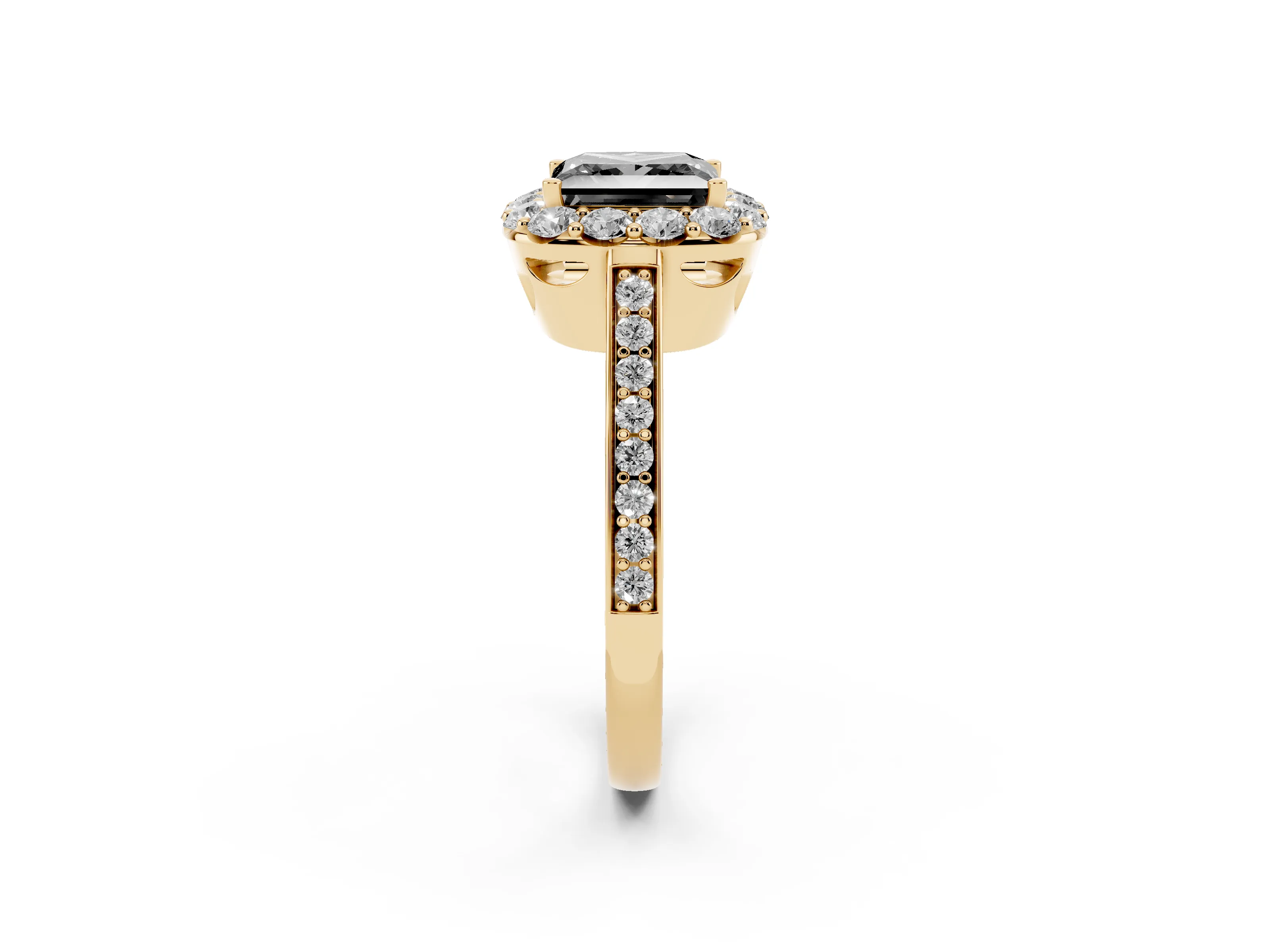Fancy Black Princess Cut Diamond Floral Halo Ring Set in Yellow gold with Pavé Band and Prong Setting