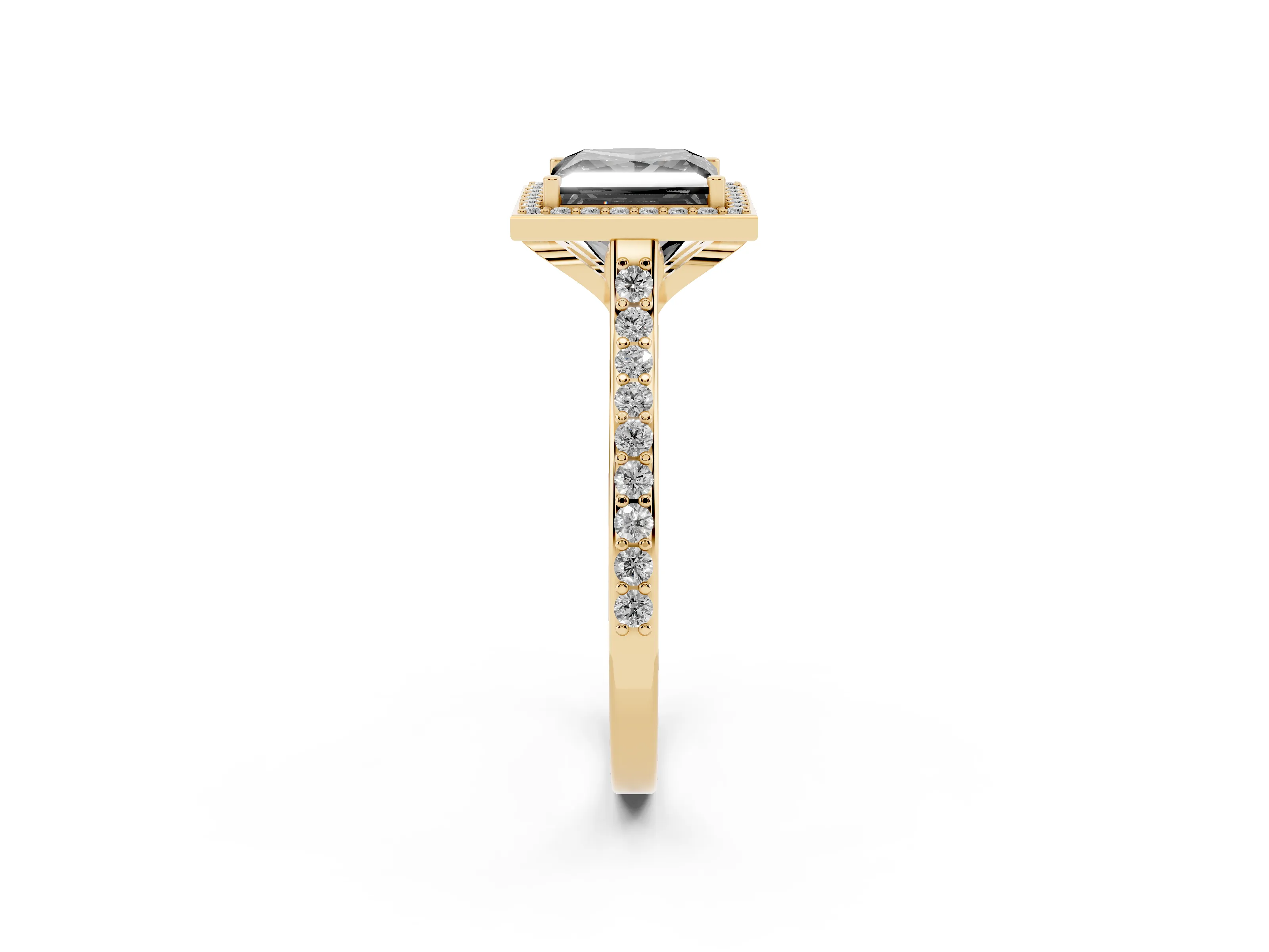 Fancy Black Princess Cut Diamond Halo Engagement Ring Set in Yellow gold with Round Pavé Shoulders and Heart Gallery