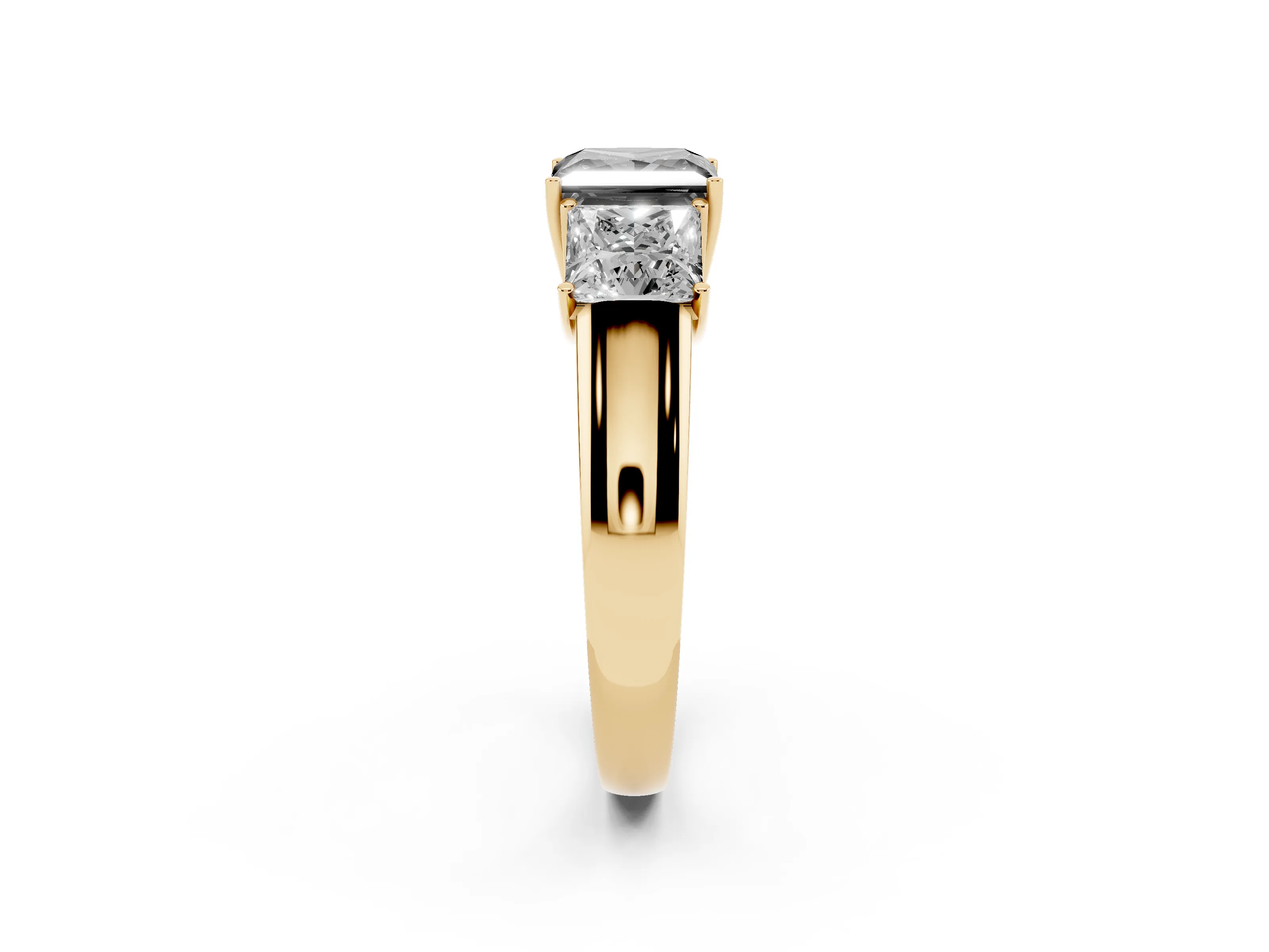Fancy Black Three-Stone Princess Cut Diamond Ring Set in Yellow gold with Matching Prong Settings and Plain Band