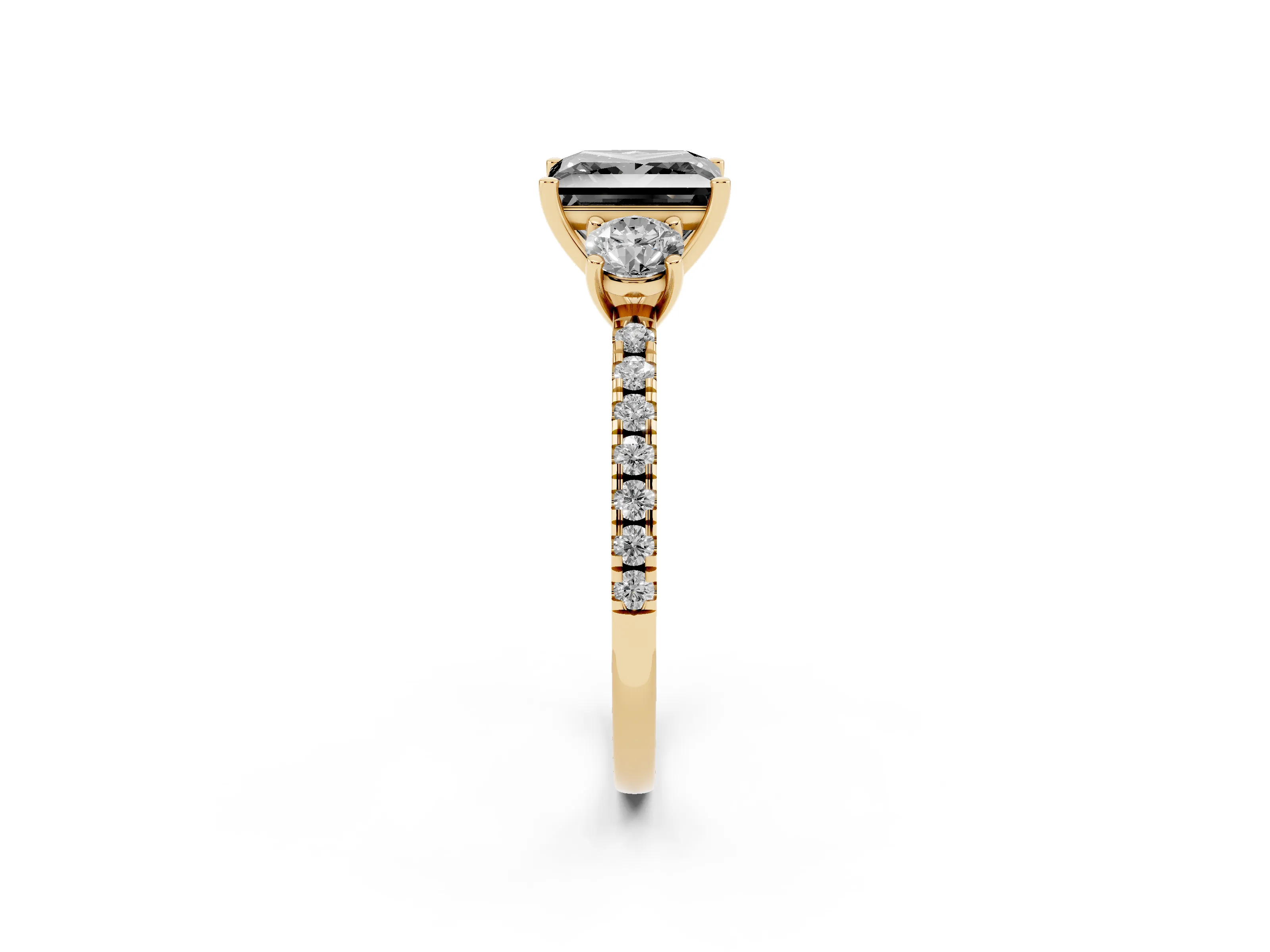 Fancy Black Princess Cut Diamond Three-Stone Ring Set in Yellow gold with Pavé Band and Graduated Sides