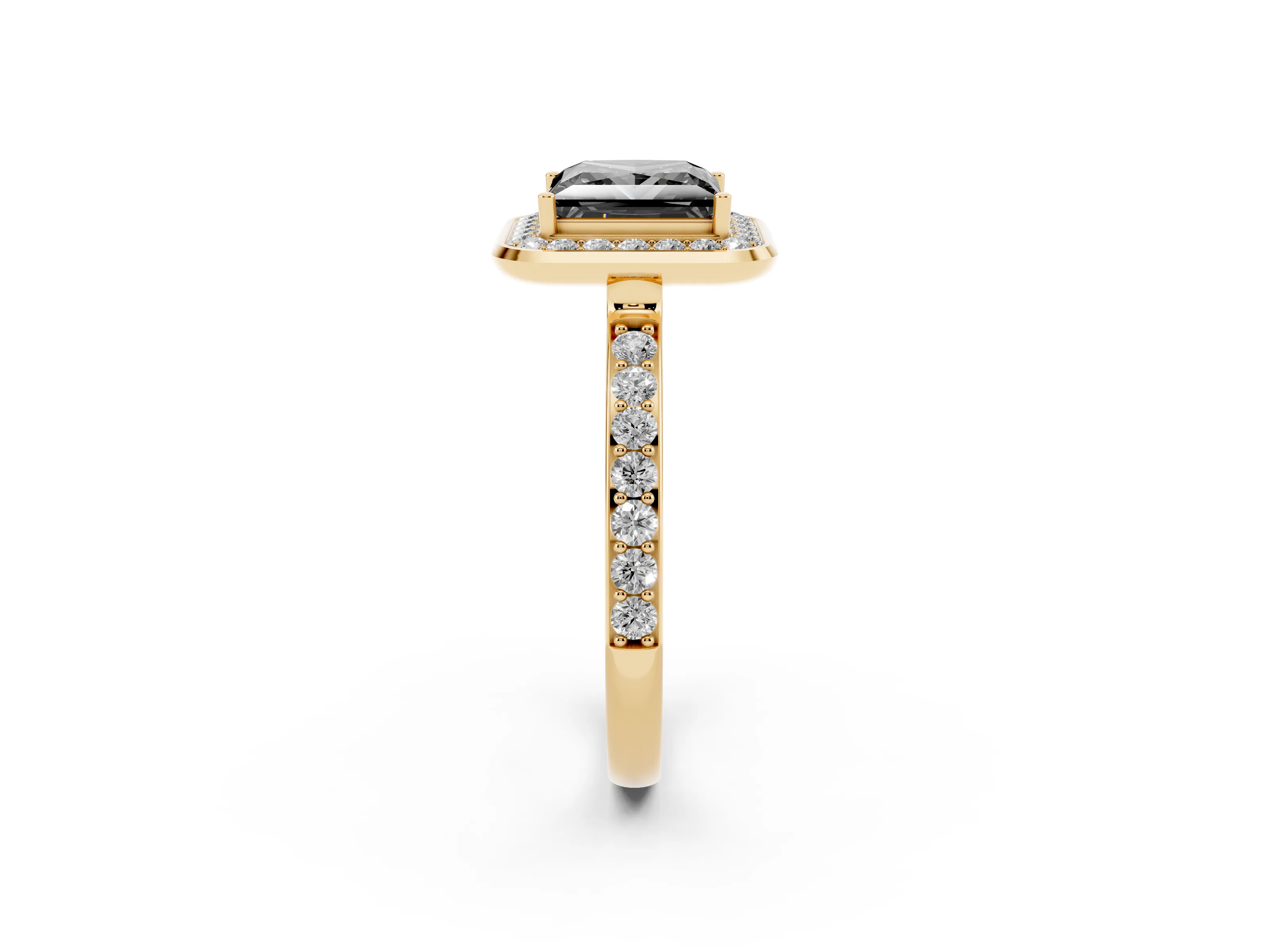 Fancy Black Princess Cut Diamond Halo Ring Set in Yellow gold with Bezel Frame and Pavé Band