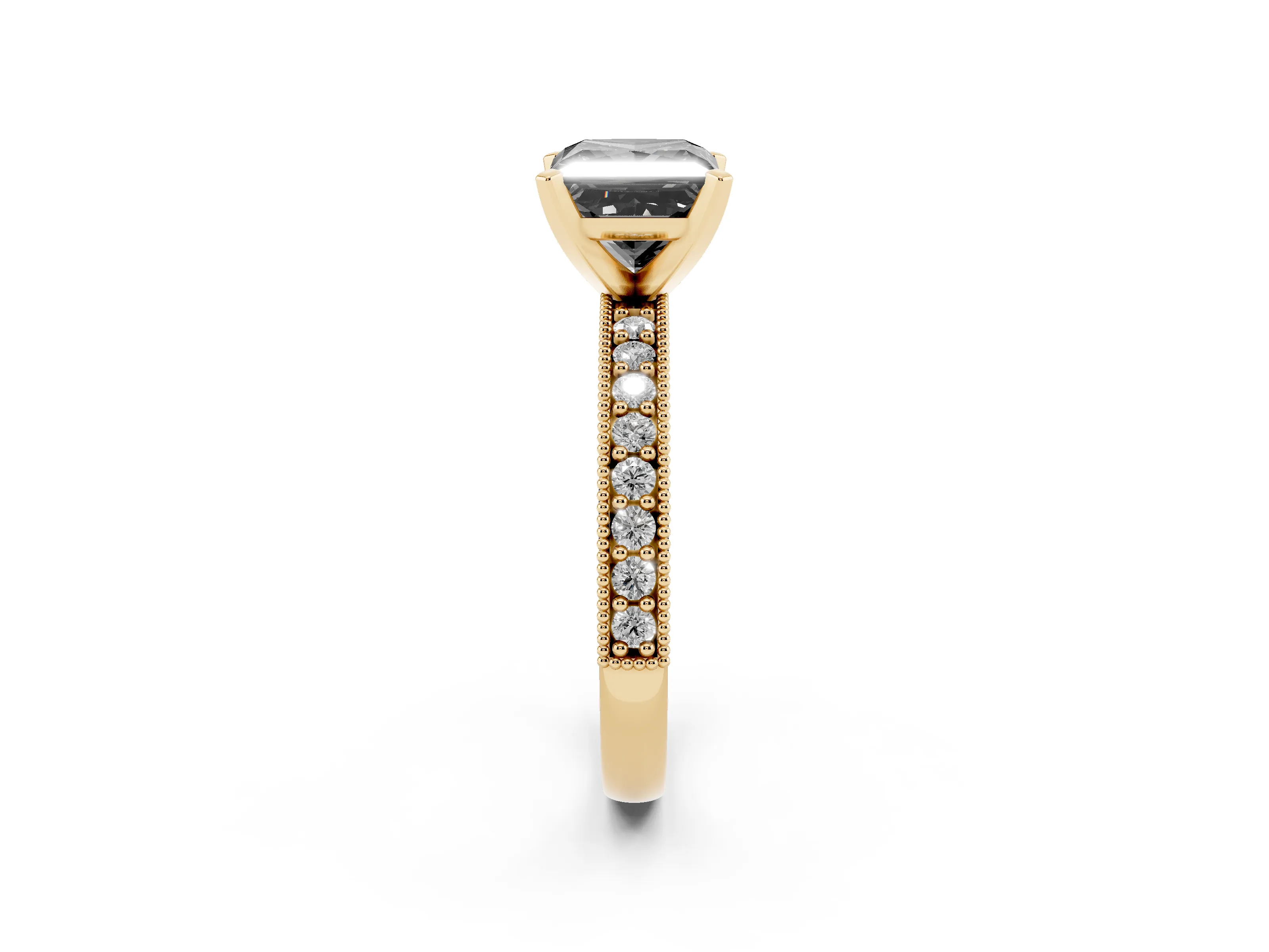 Fancy Black Princess Cut Diamond Milgrain Pavé Engagement Ring Set in Yellow gold with Prong Setting