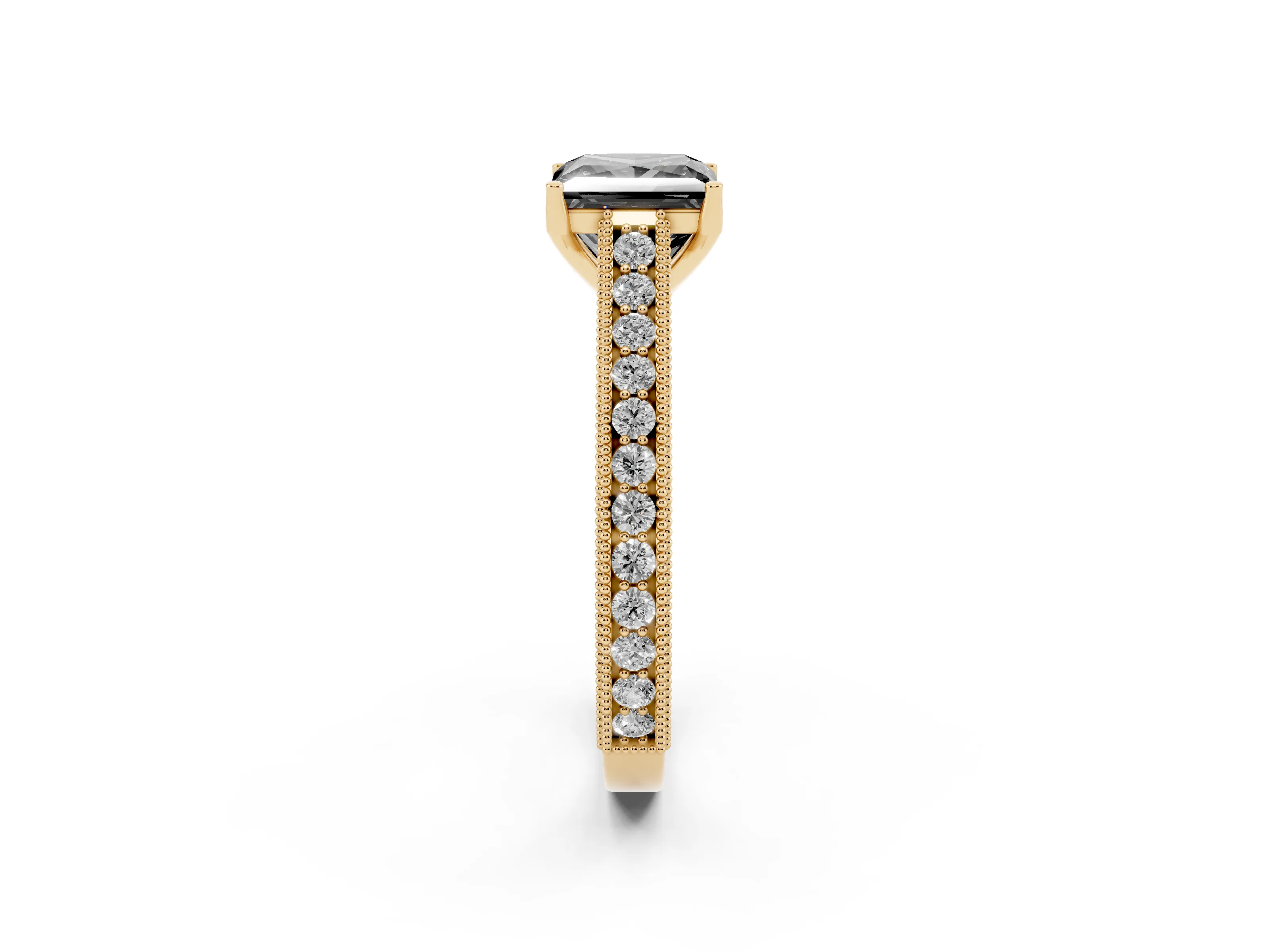 Fancy Black Princess Cut Diamond Milgrain Pavé Band Solitaire Ring Set in Yellow gold with Prong Setting